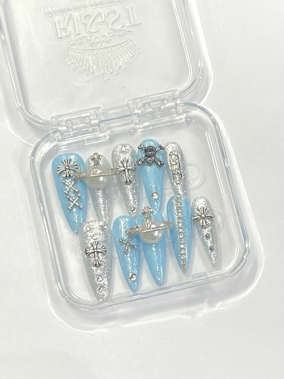 Icy Galaxy Press-On Nails – Silver & Blue Gothic Charm Set