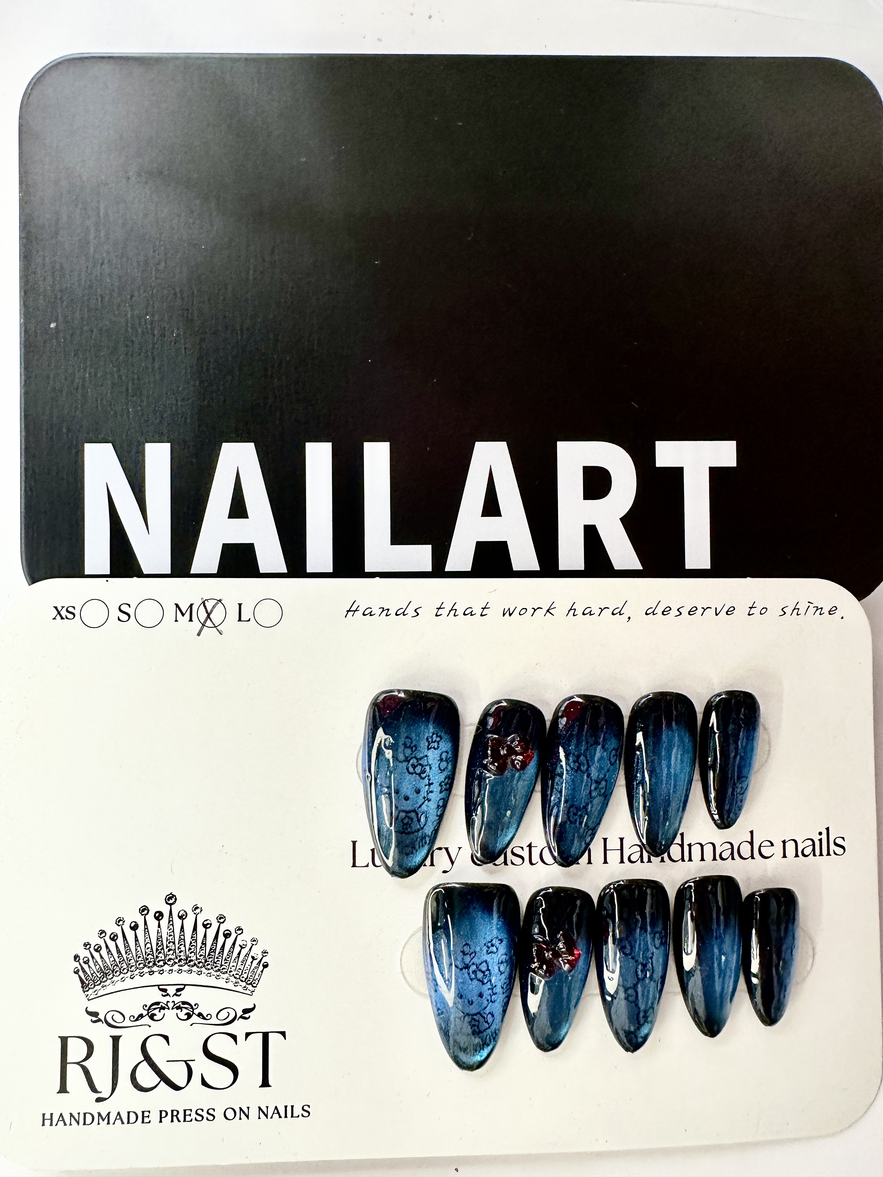 Cosmic Kitty · Blue Cat Eye Press On Nails with Hand-Painted Hello Kitty Design