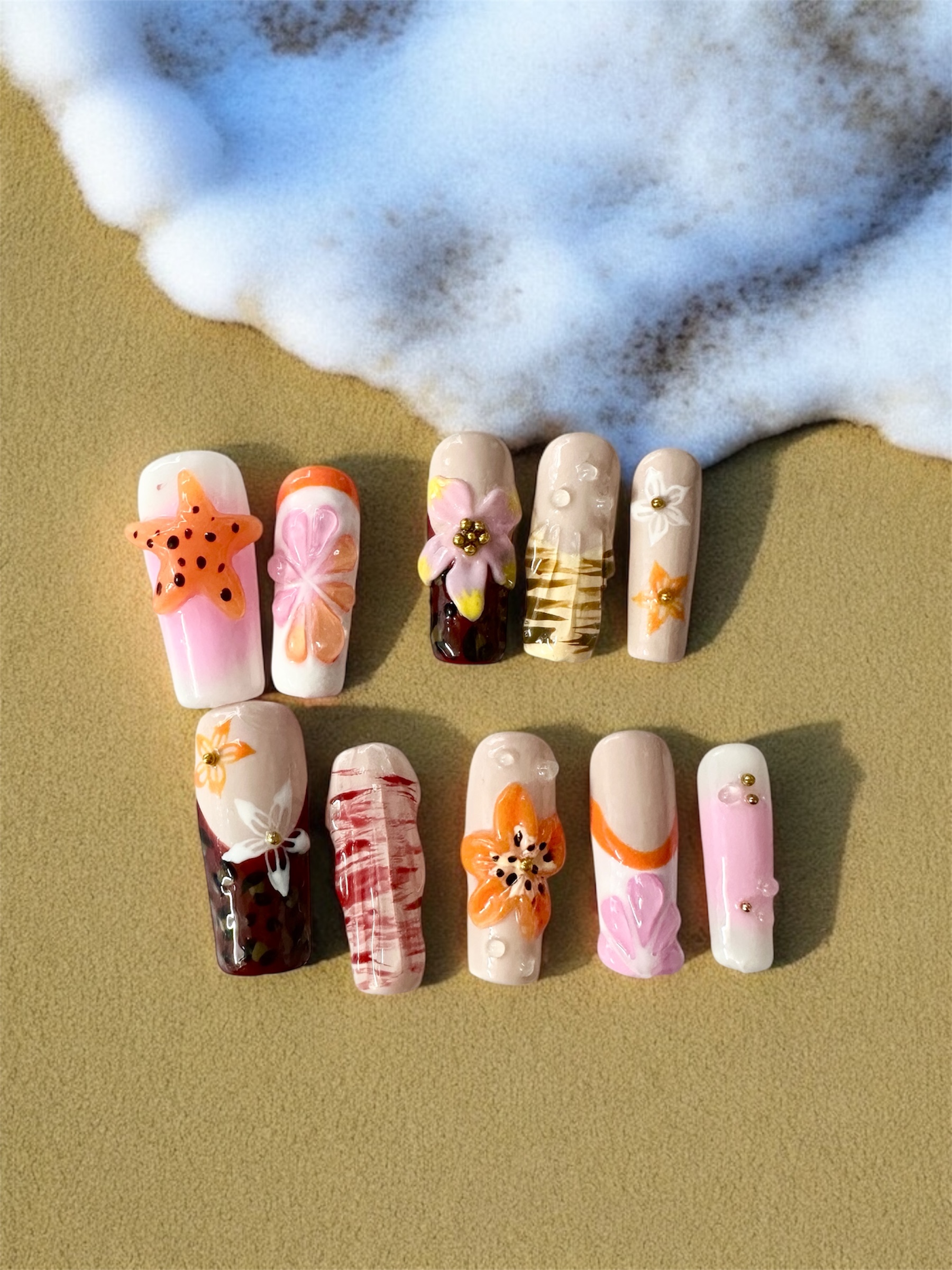 Stardrop on the Coral Shore | Original Ocean-Inspired 3D Press-On Nails – Starfish & Tropical Bloom Design