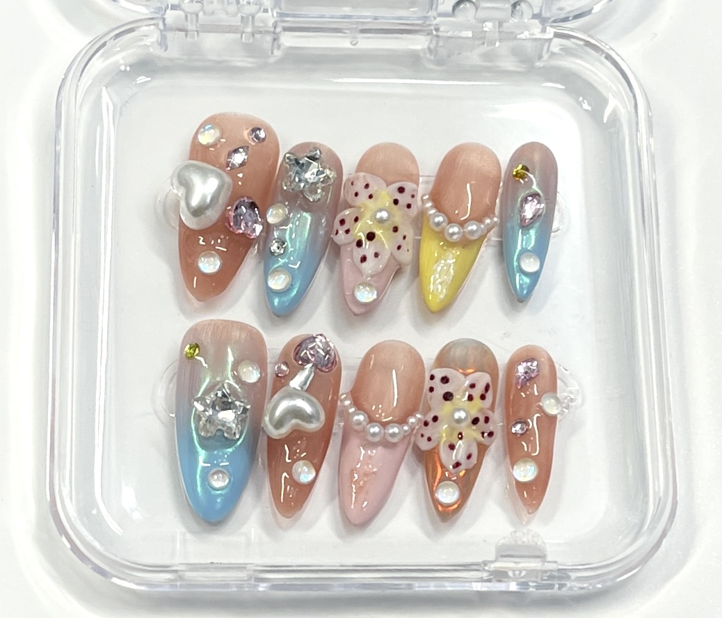 ✨ Colorful Autumn Glam Press-On Nails | 3D Flowers × Pearls × Rhinestones