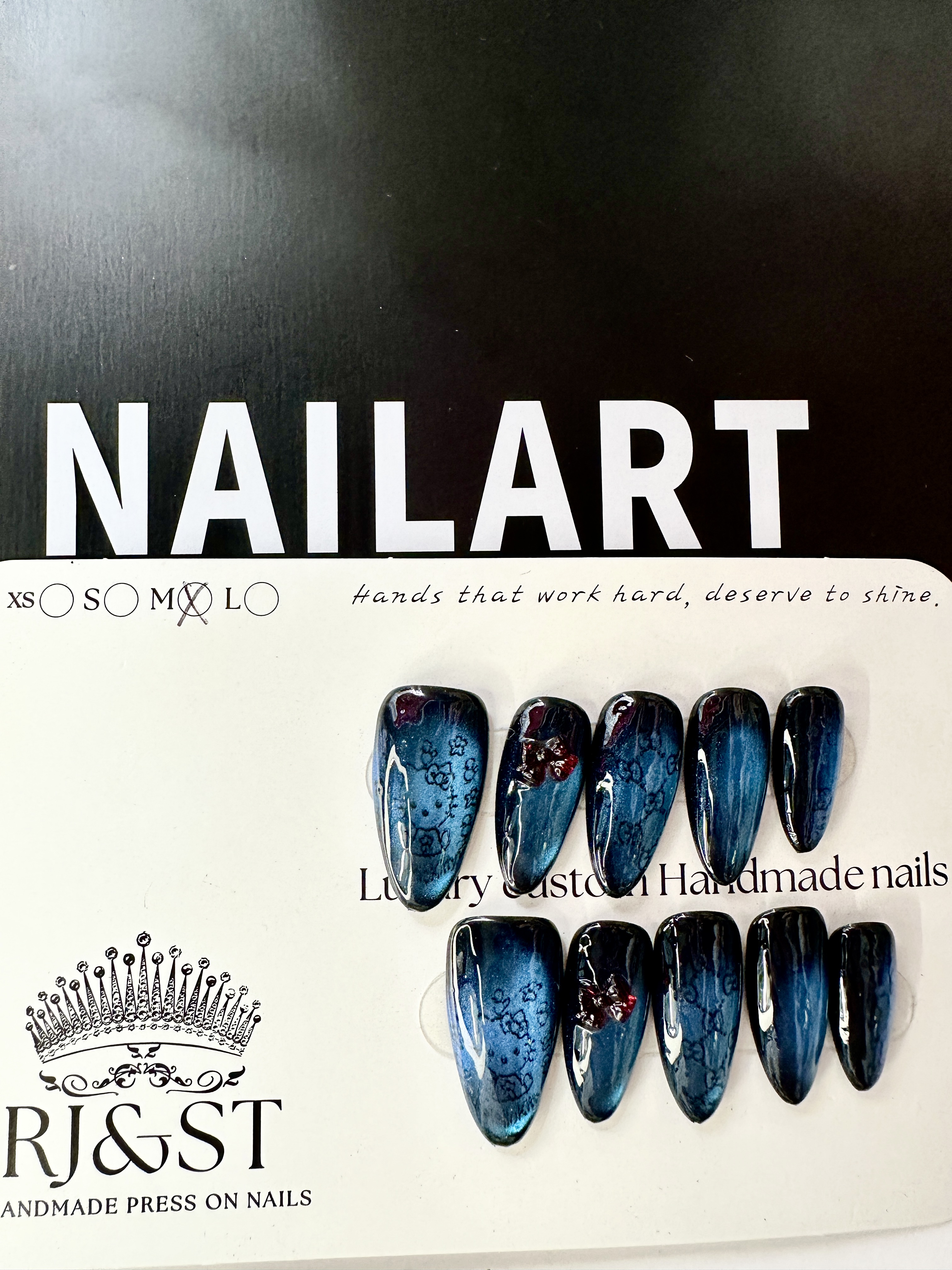 Cosmic Kitty · Blue Cat Eye Press On Nails with Hand-Painted Hello Kitty Design