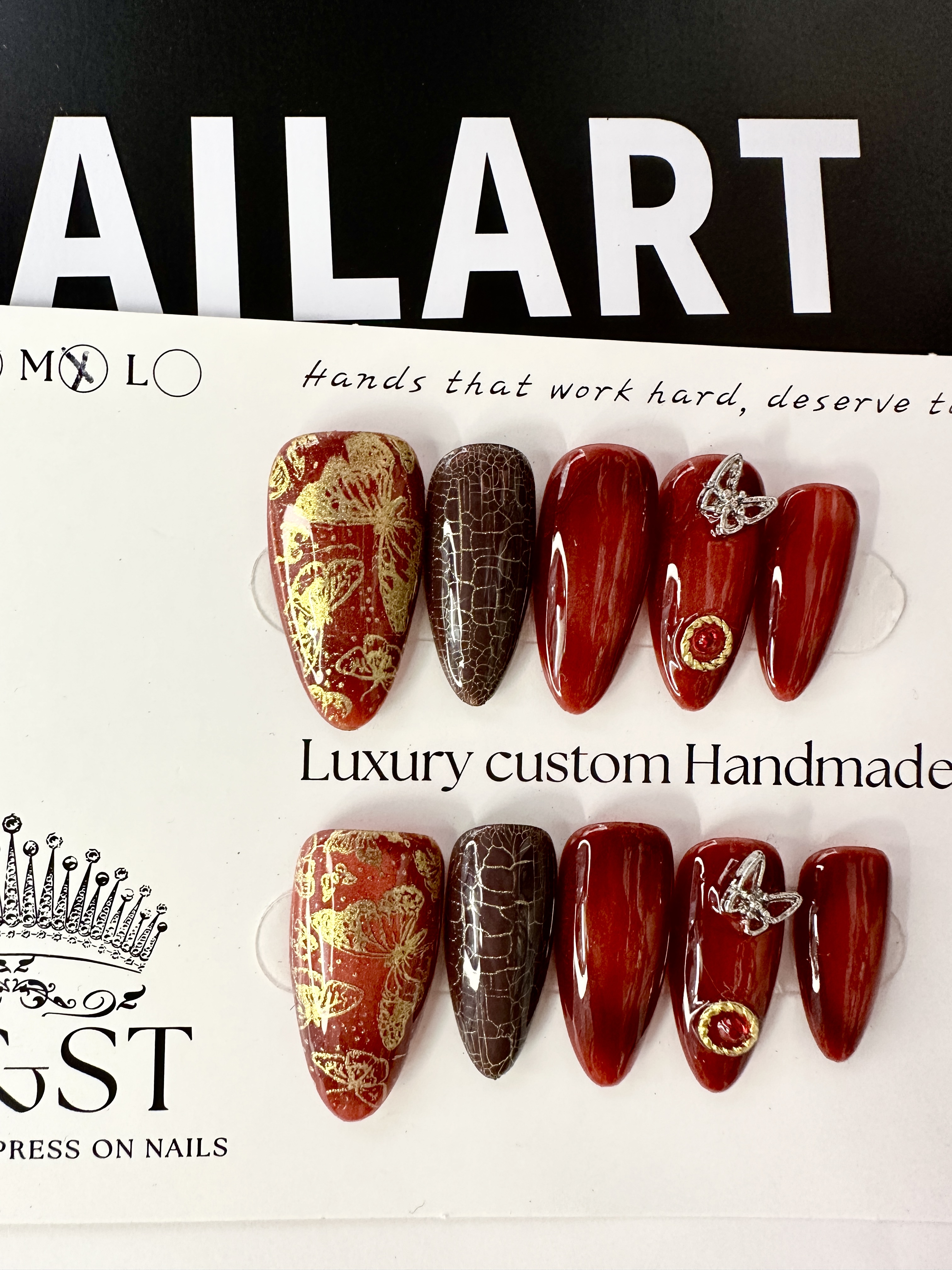 Crimson Butterfly · Deep Red Press On Nails with Golden Butterfly Print & Brown Crackle Accent