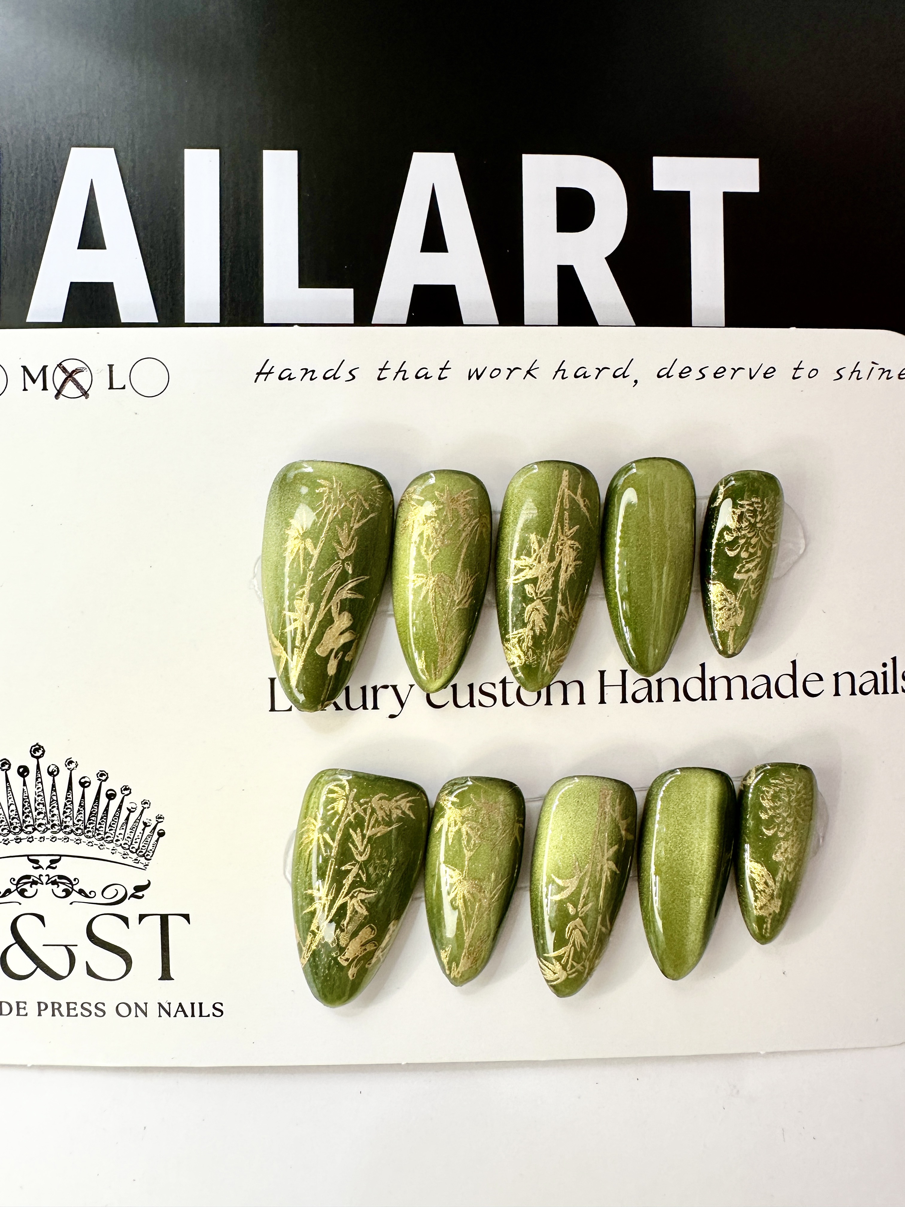 Emerald Bamboo · Teal Cat Eye Press On Nails with Hand-Painted Golden Bamboo