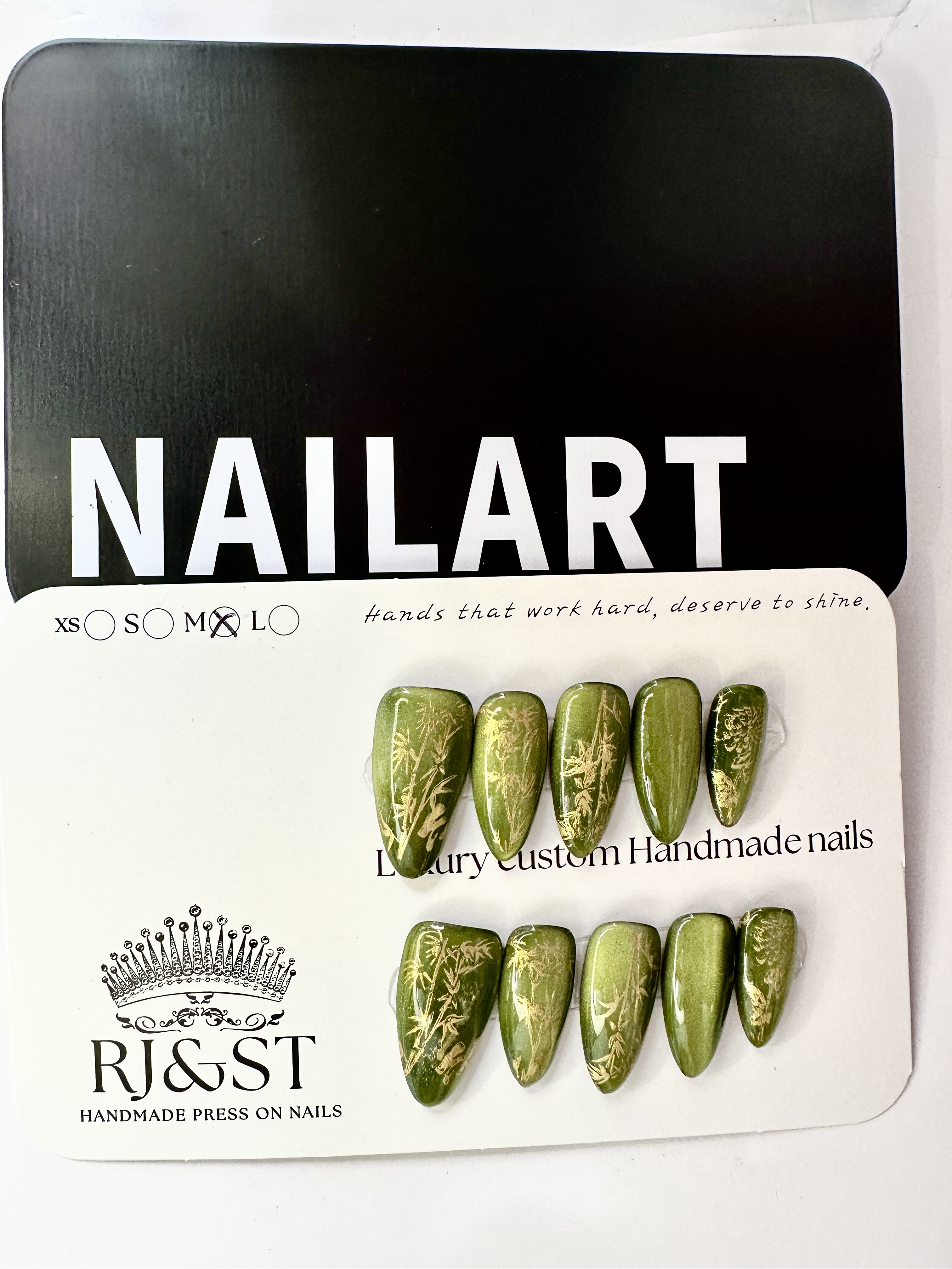 Emerald Bamboo · Teal Cat Eye Press On Nails with Hand-Painted Golden Bamboo