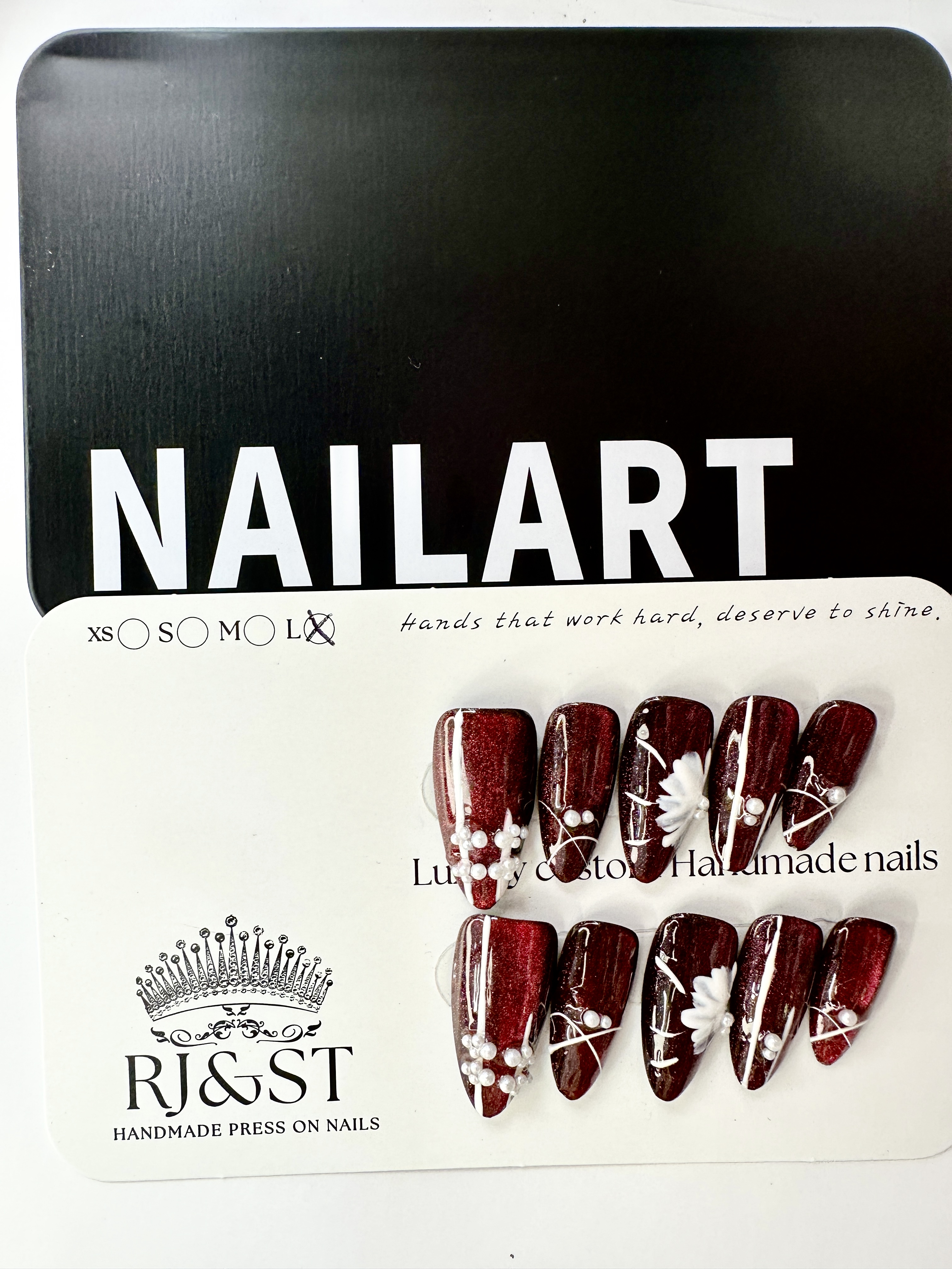 "Crimson Blossom" — Red Cat-Eye Base & White Hand-Painted Flower Press-On Nails