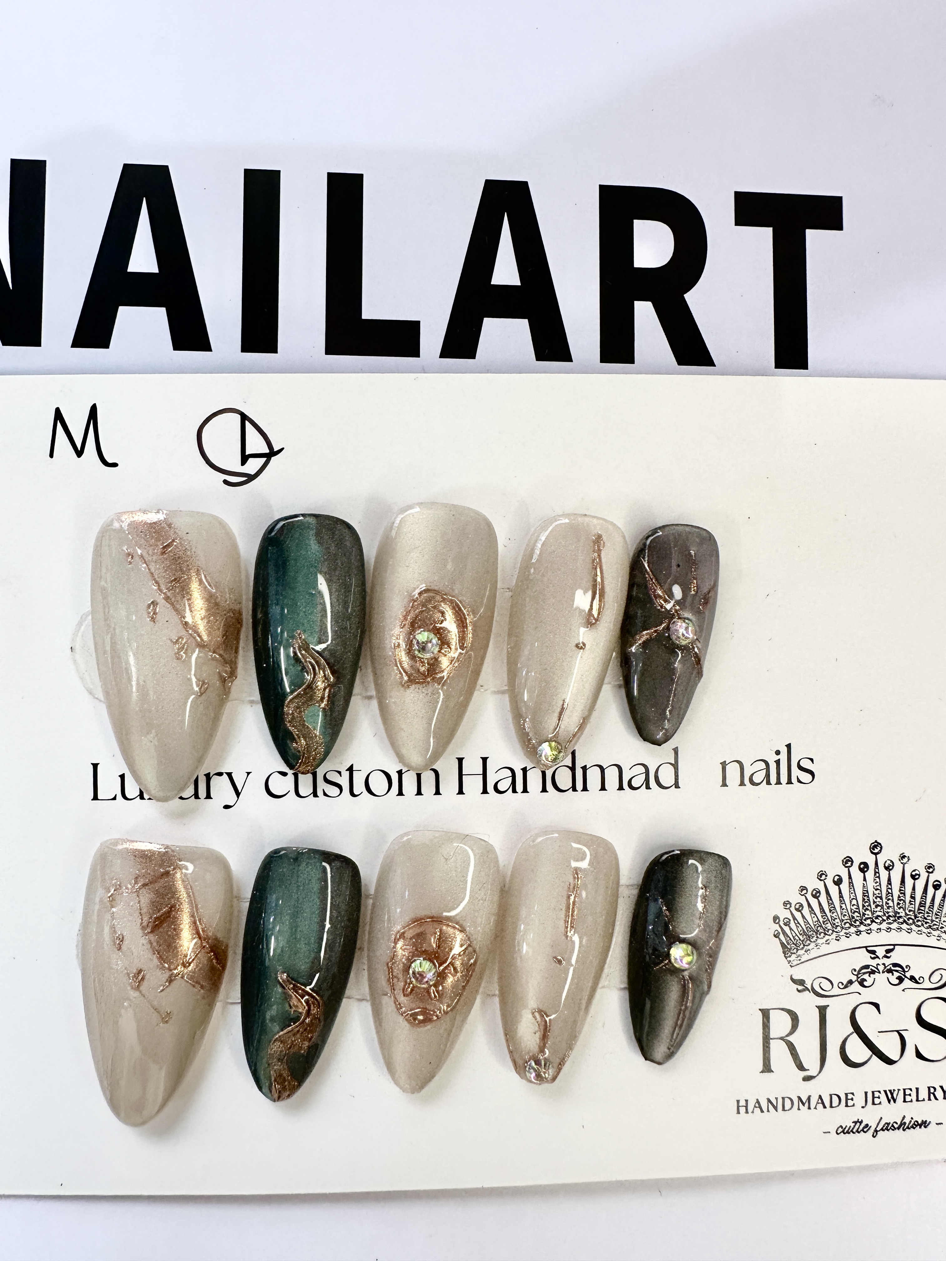 "Golden Mirage" — Nude Gold & Black Hand-Painted Press-On Nails
