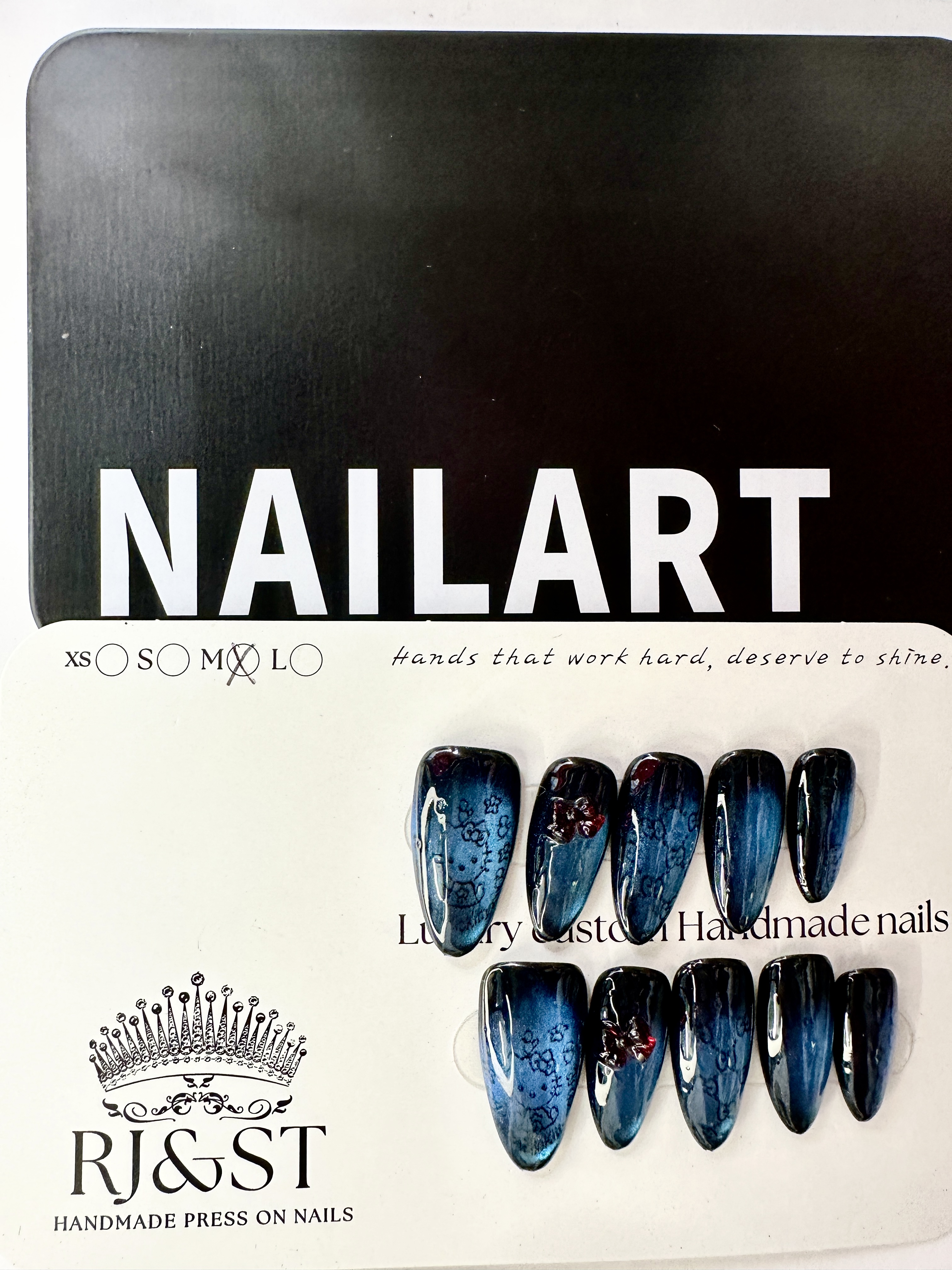 Cosmic Kitty · Blue Cat Eye Press On Nails with Hand-Painted Hello Kitty Design