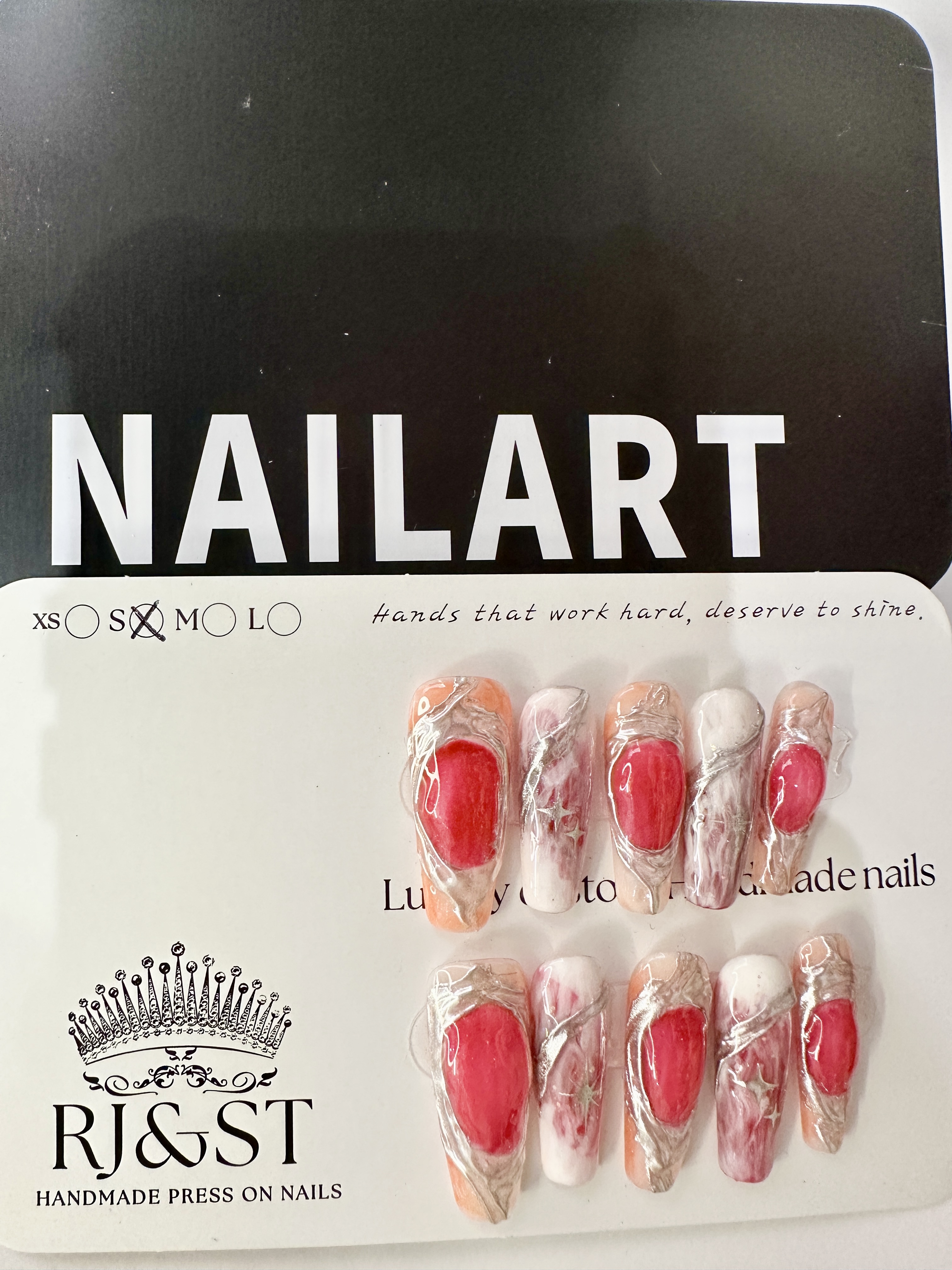 Peachy Stardust · Chinese Style Press On Nails with Red Accent & Silver Chrome Powder
