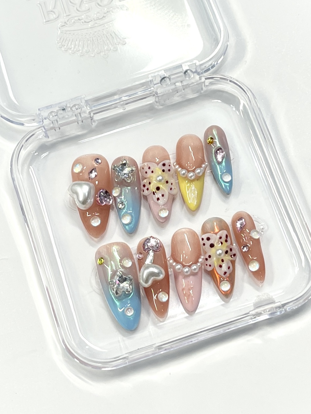 ✨ Colorful Autumn Glam Press-On Nails | 3D Flowers × Pearls × Rhinestones