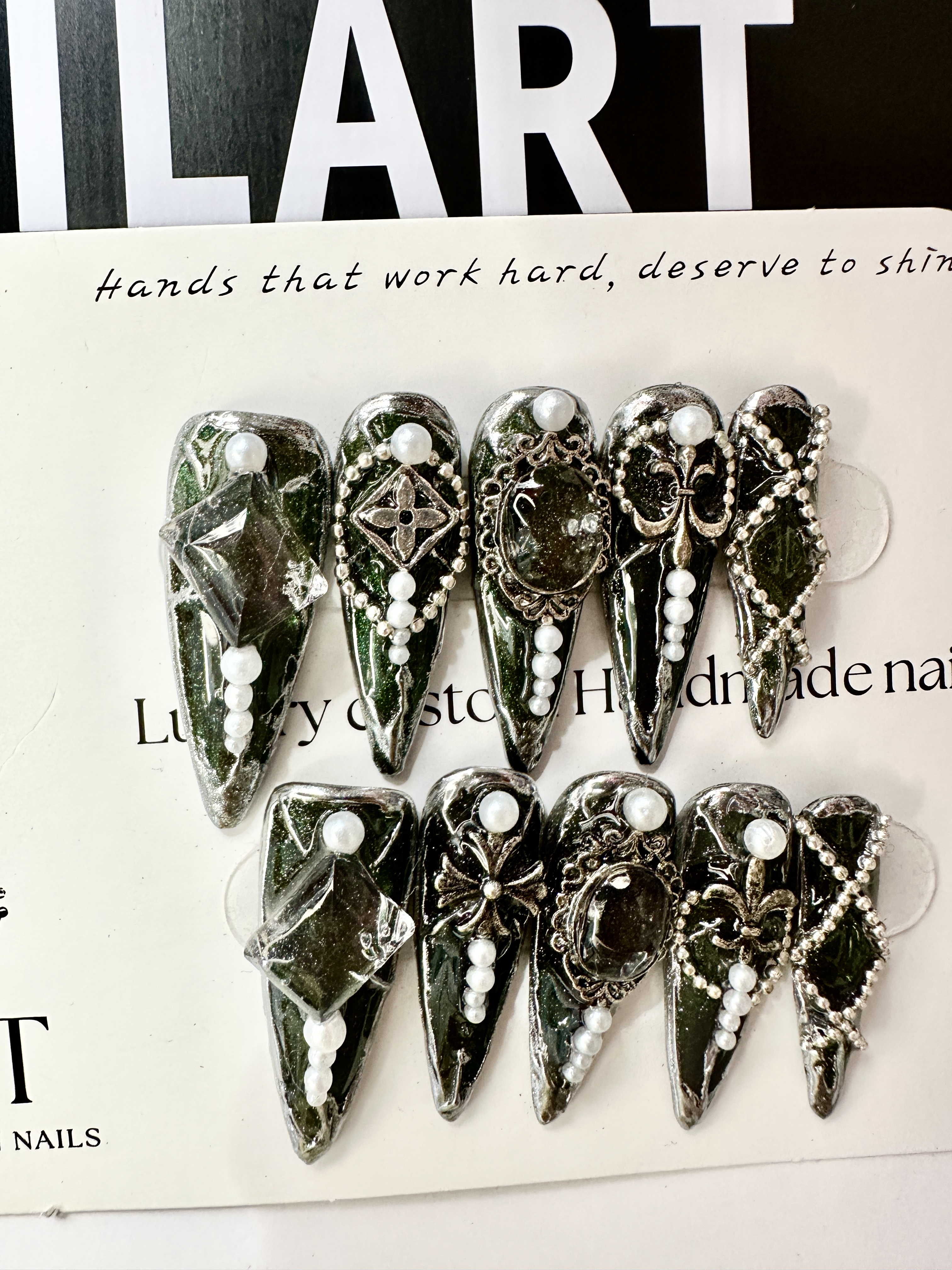 "Enchanted Relic" — Green Cat-Eye with Pearls & Vintage Cross Press-On Nails
