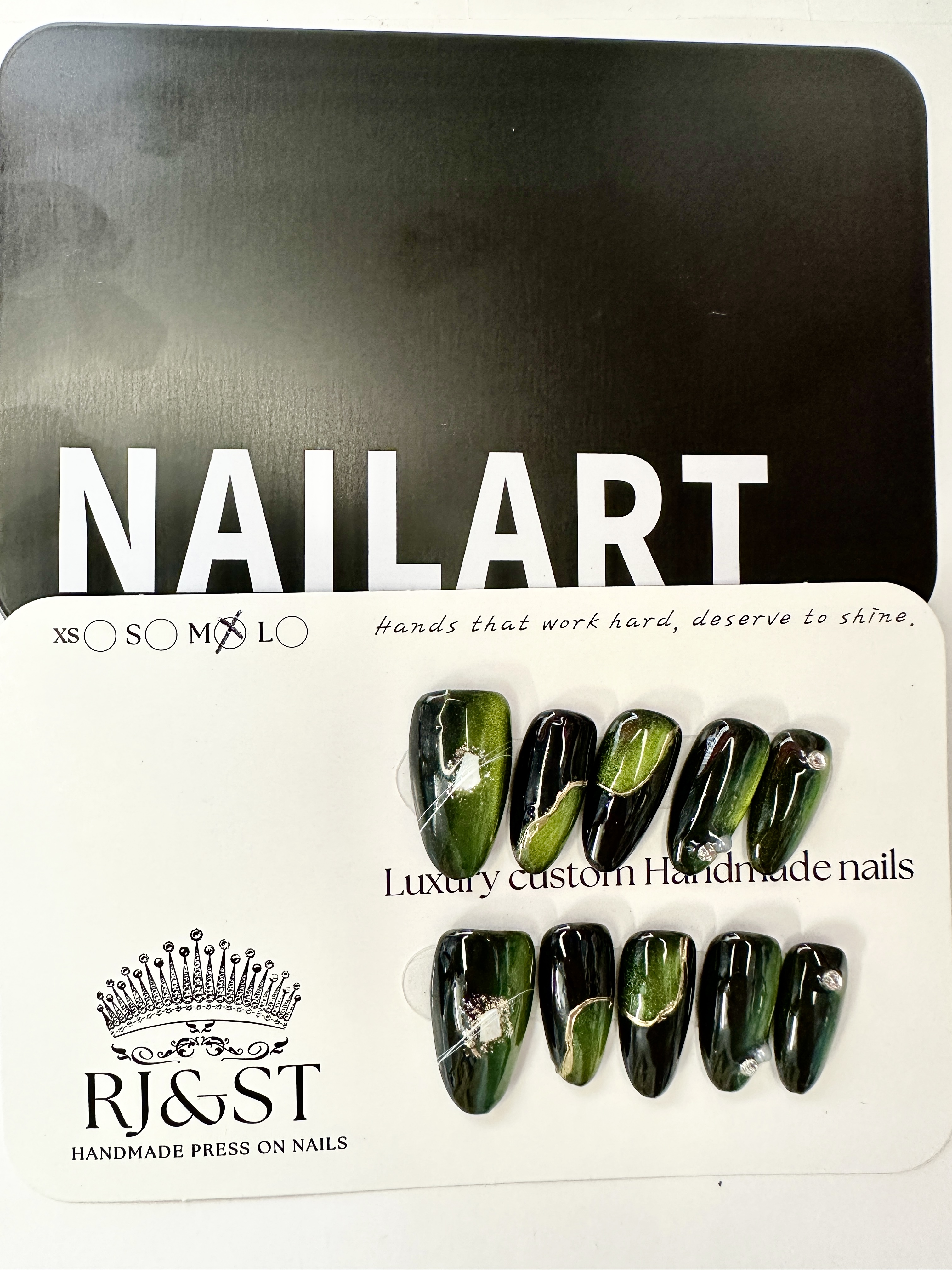 Green & Black Fusion with Mother-of-Pearl Press-On Nails | Original Design Minimalist Handmade Nails