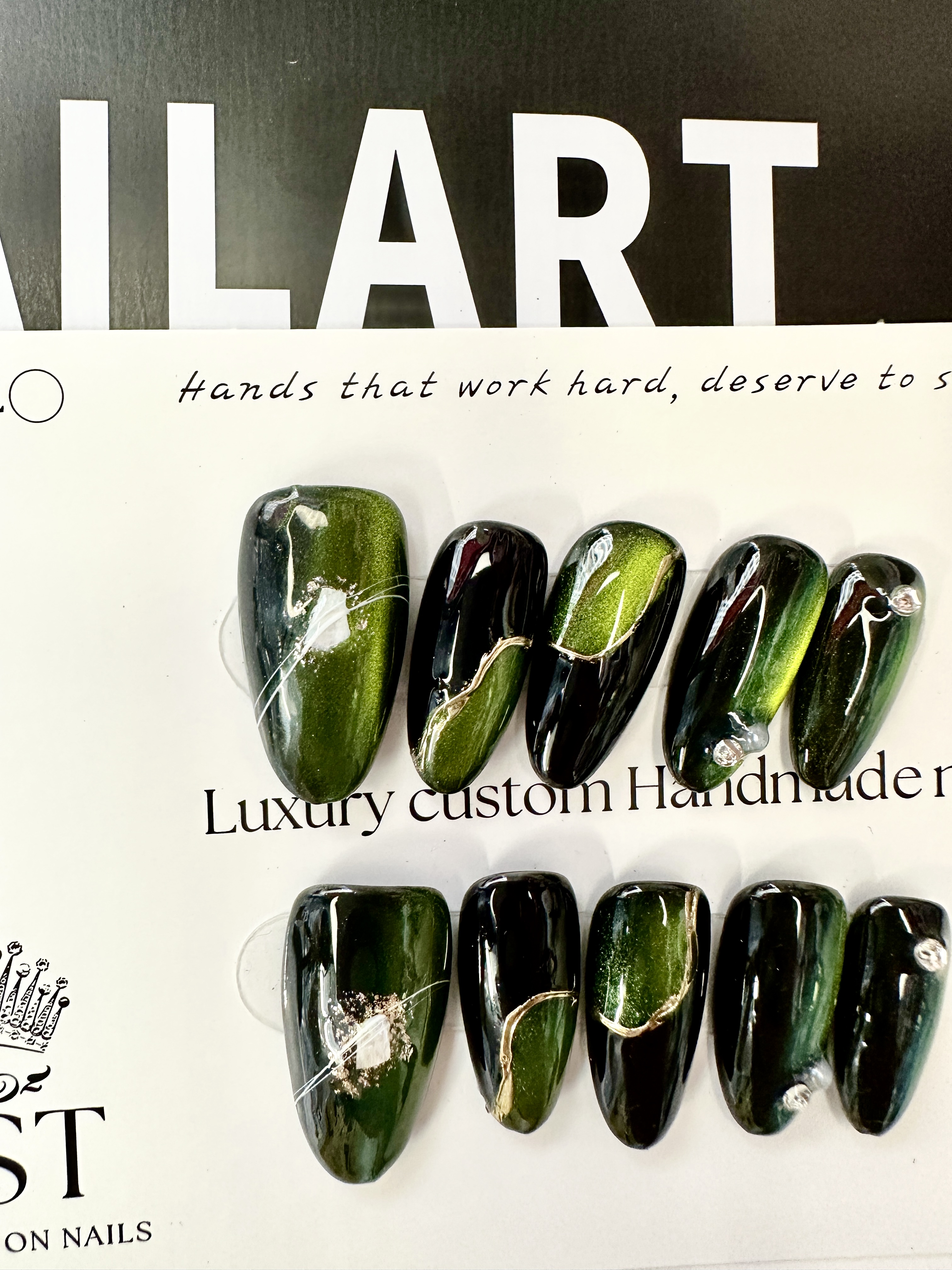 Green & Black Fusion with Mother-of-Pearl Press-On Nails | Original Design Minimalist Handmade Nails