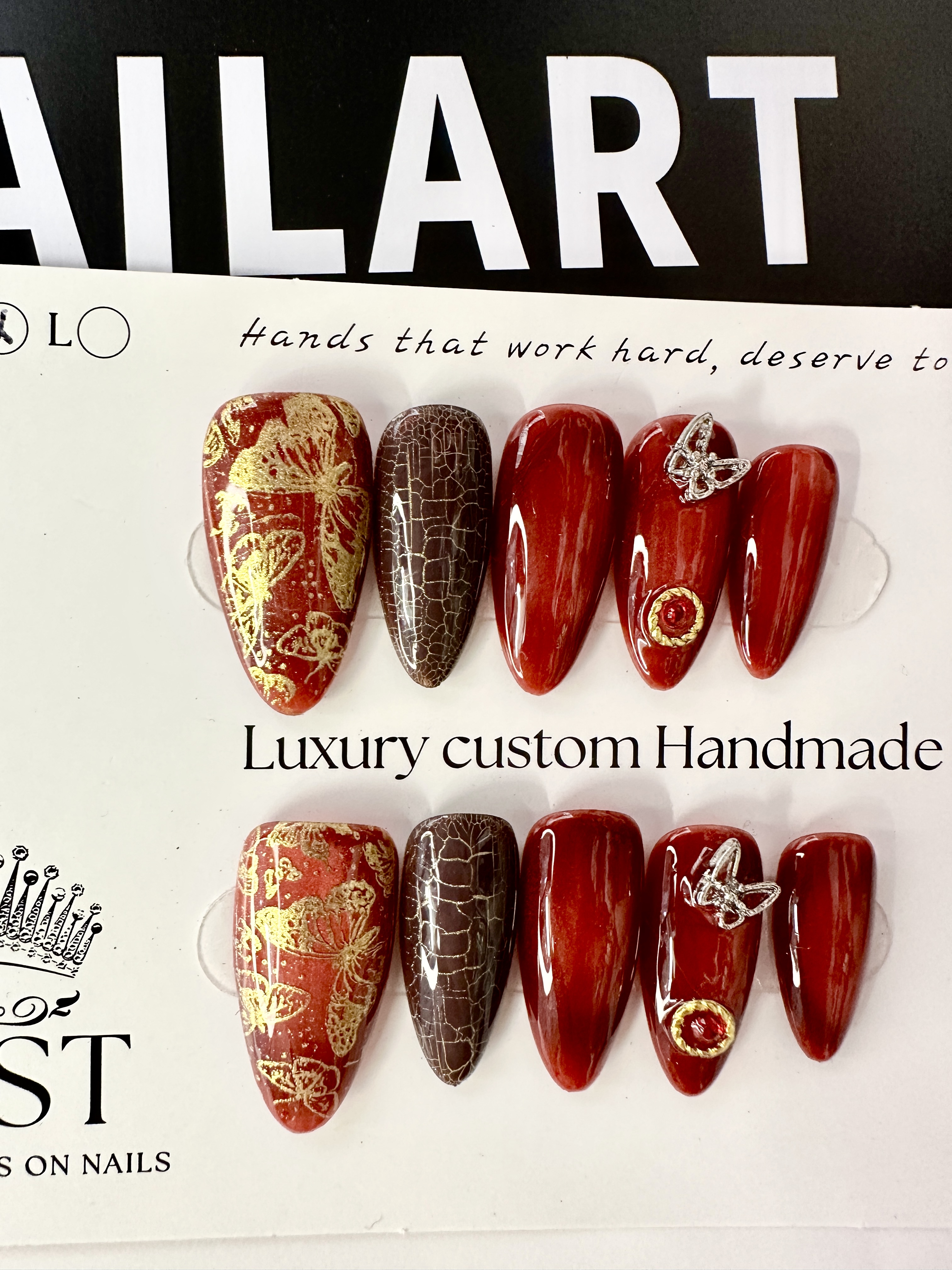 Crimson Butterfly · Deep Red Press On Nails with Golden Butterfly Print & Brown Crackle Accent