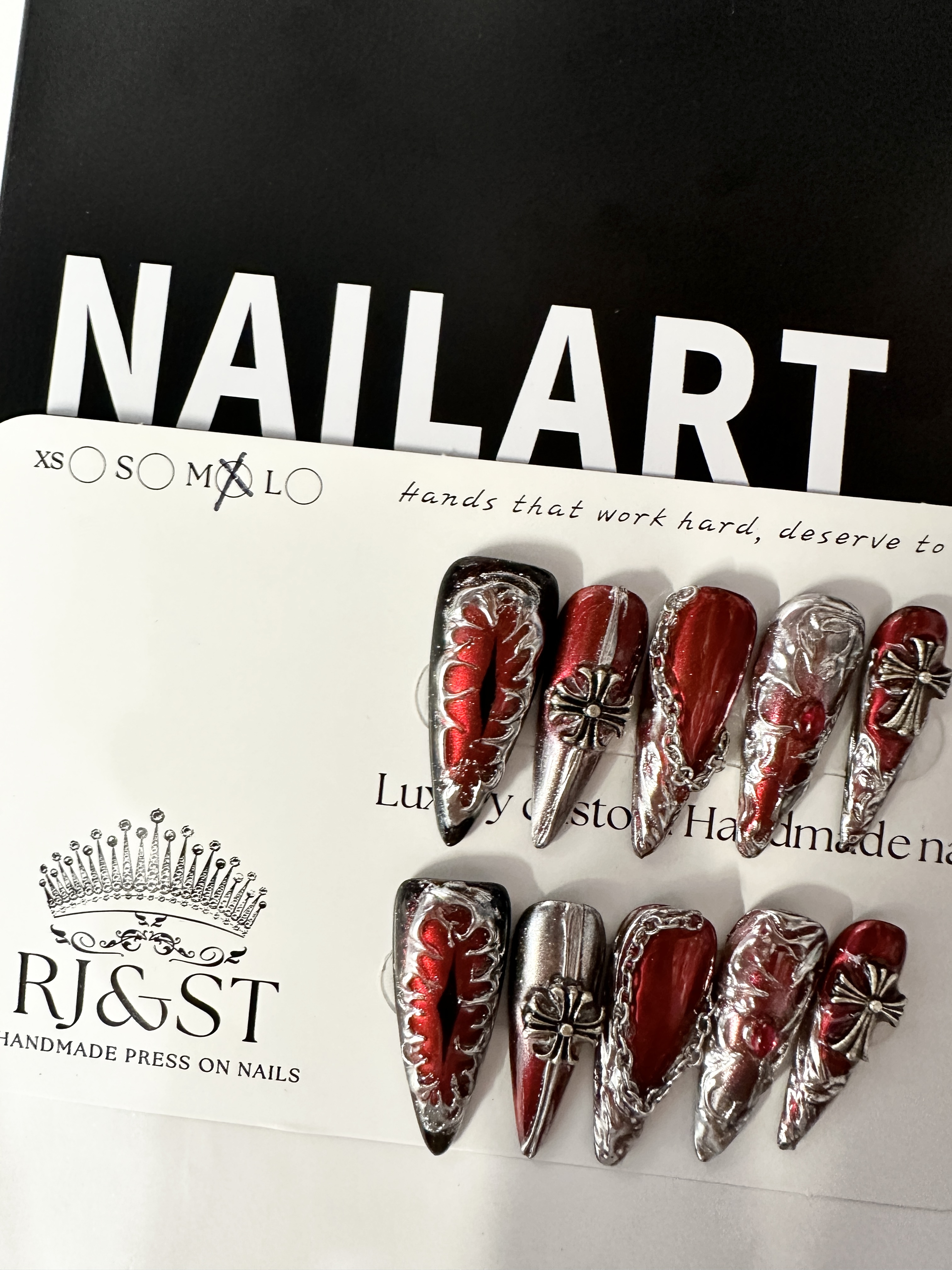 Crimson Knight · Long Gothic Armor Press On Nails | Handmade Nails
