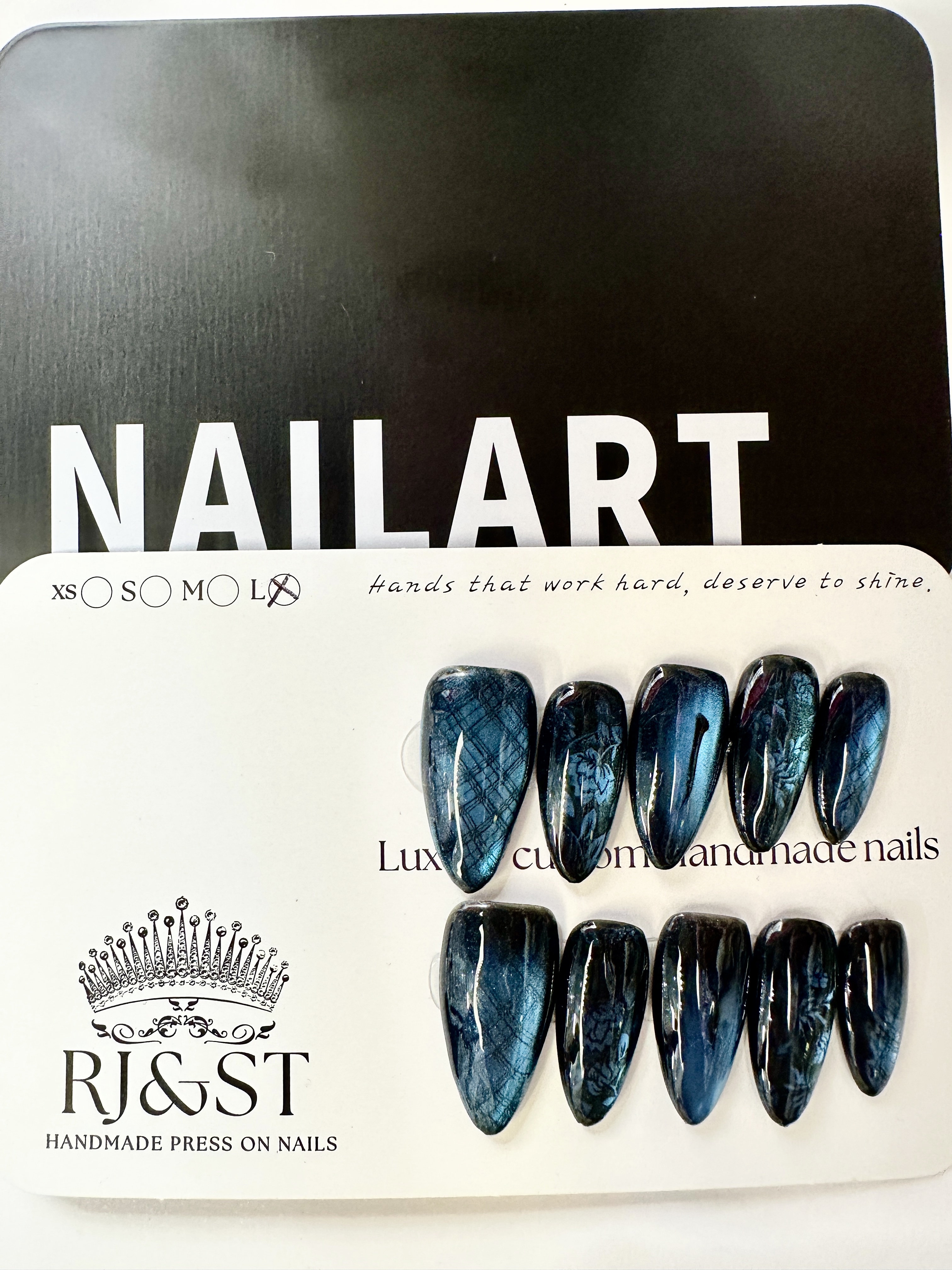 Midnight Rose · Blue Cat Eye Press On Nails with Hand-Painted Roses and Plaid Design