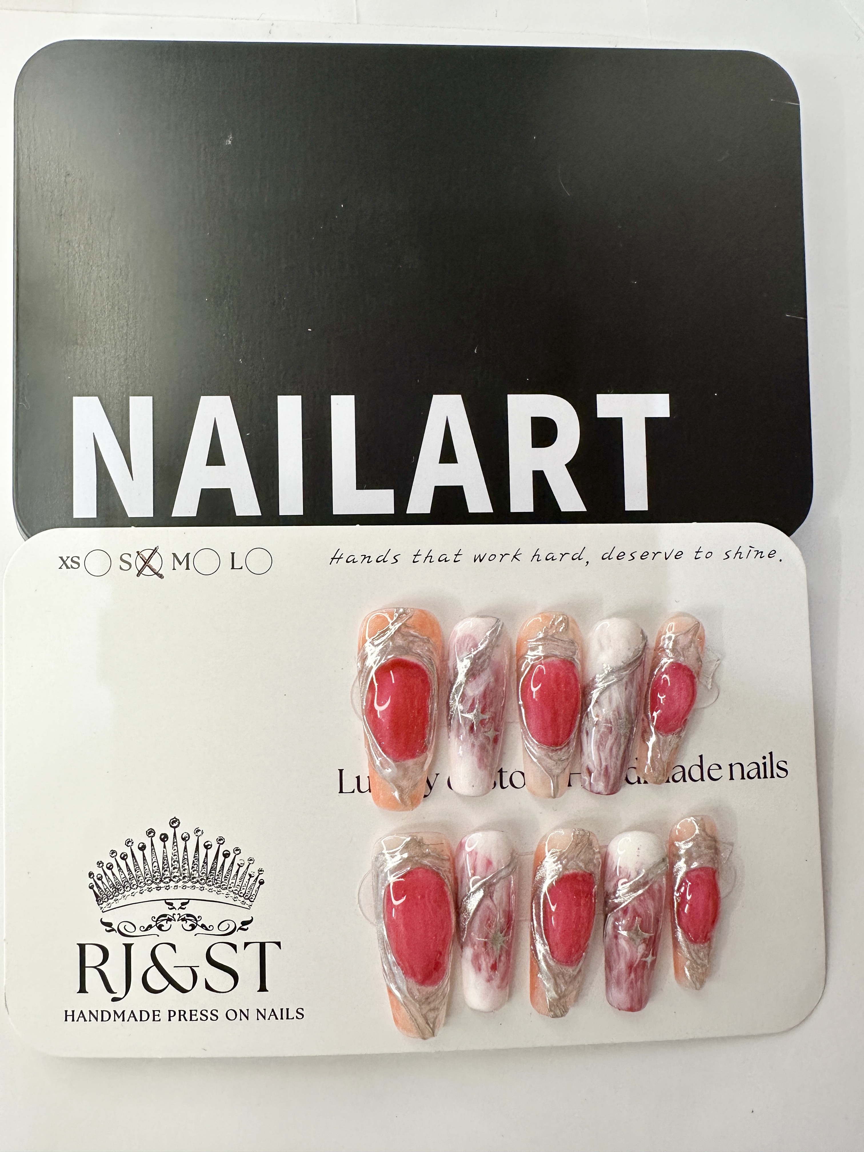 Peachy Stardust · Chinese Style Press On Nails with Red Accent & Silver Chrome Powder