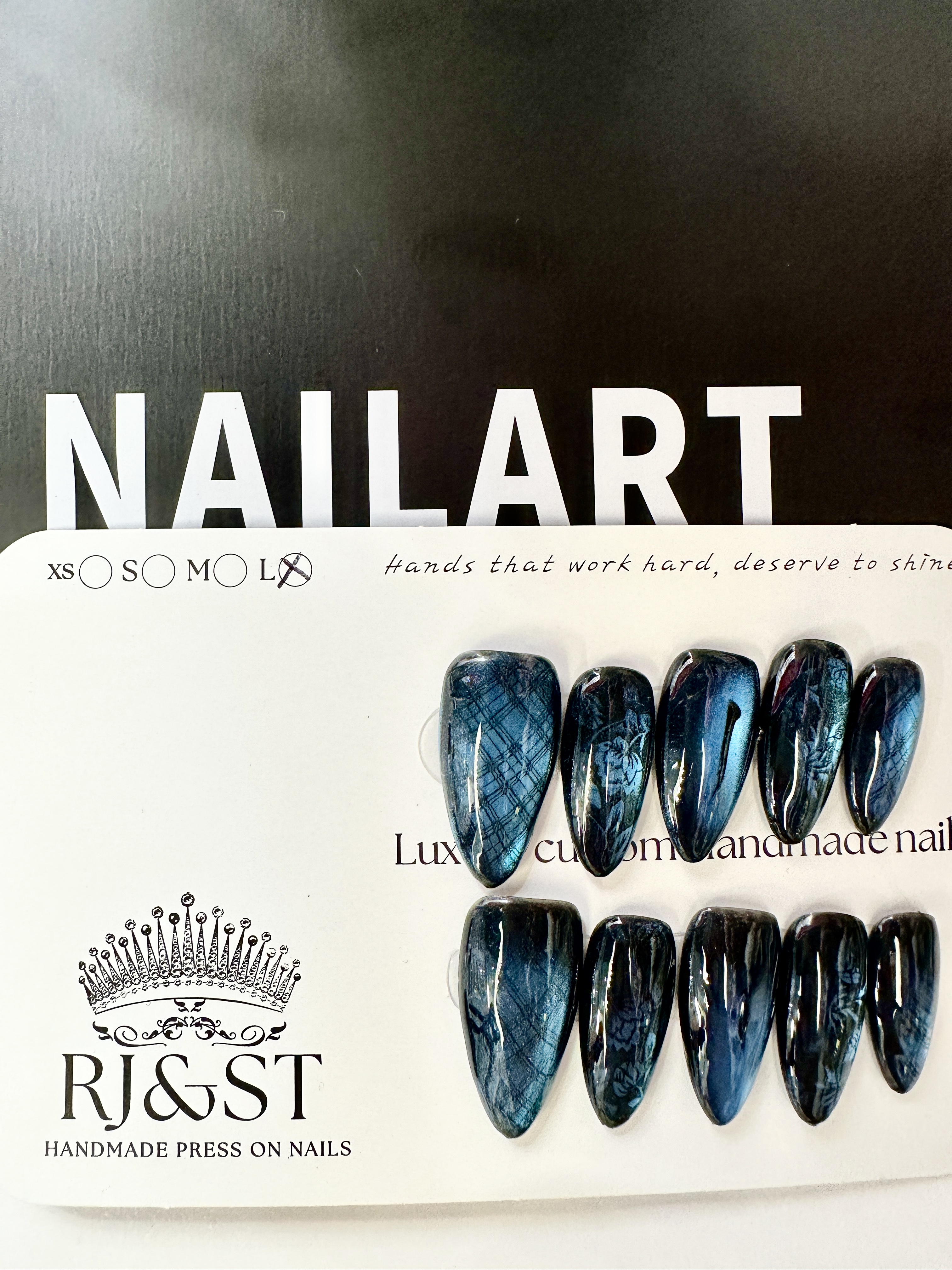 Midnight Rose · Blue Cat Eye Press On Nails with Hand-Painted Roses and Plaid Design