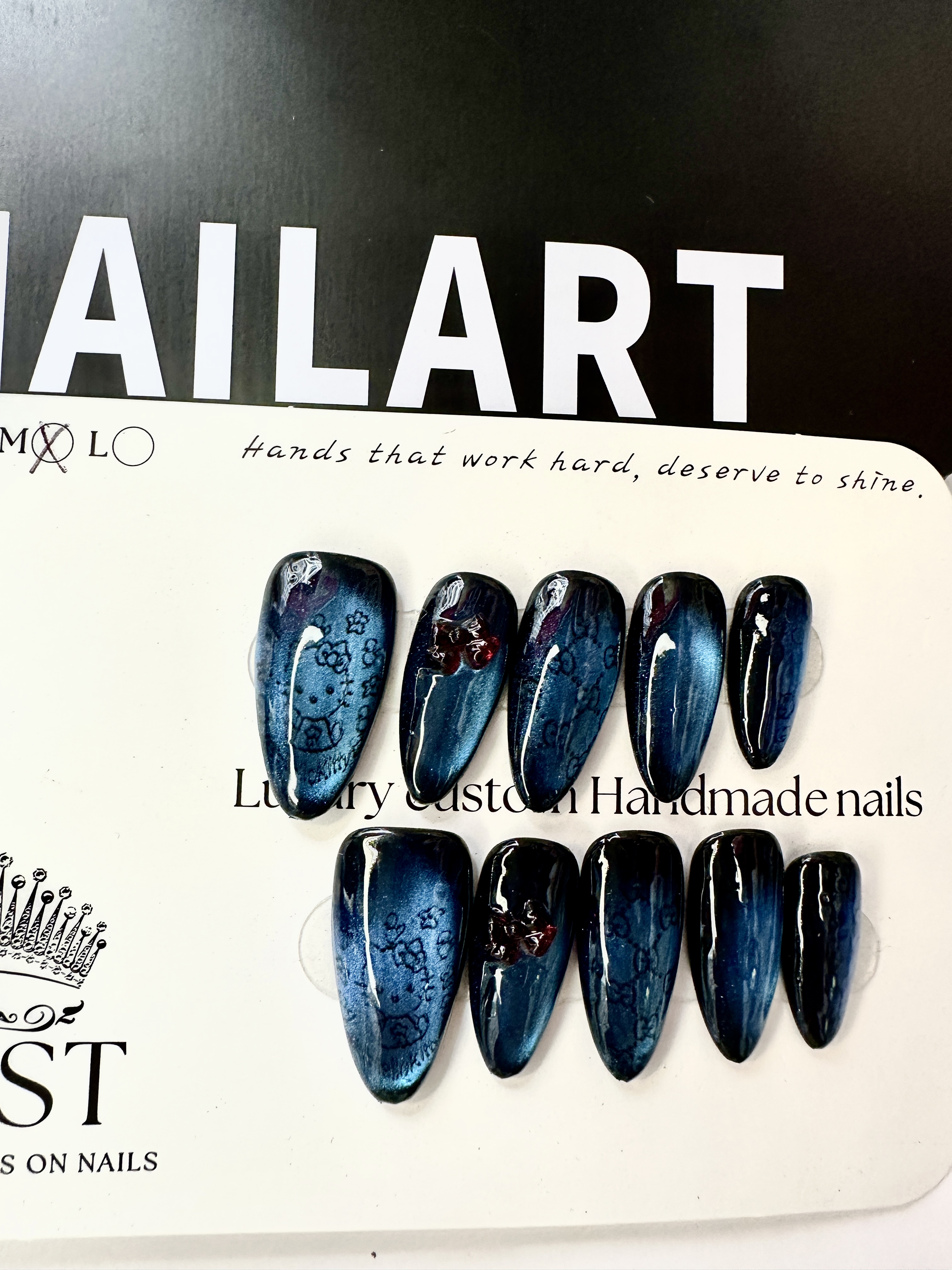 Cosmic Kitty · Blue Cat Eye Press On Nails with Hand-Painted Hello Kitty Design
