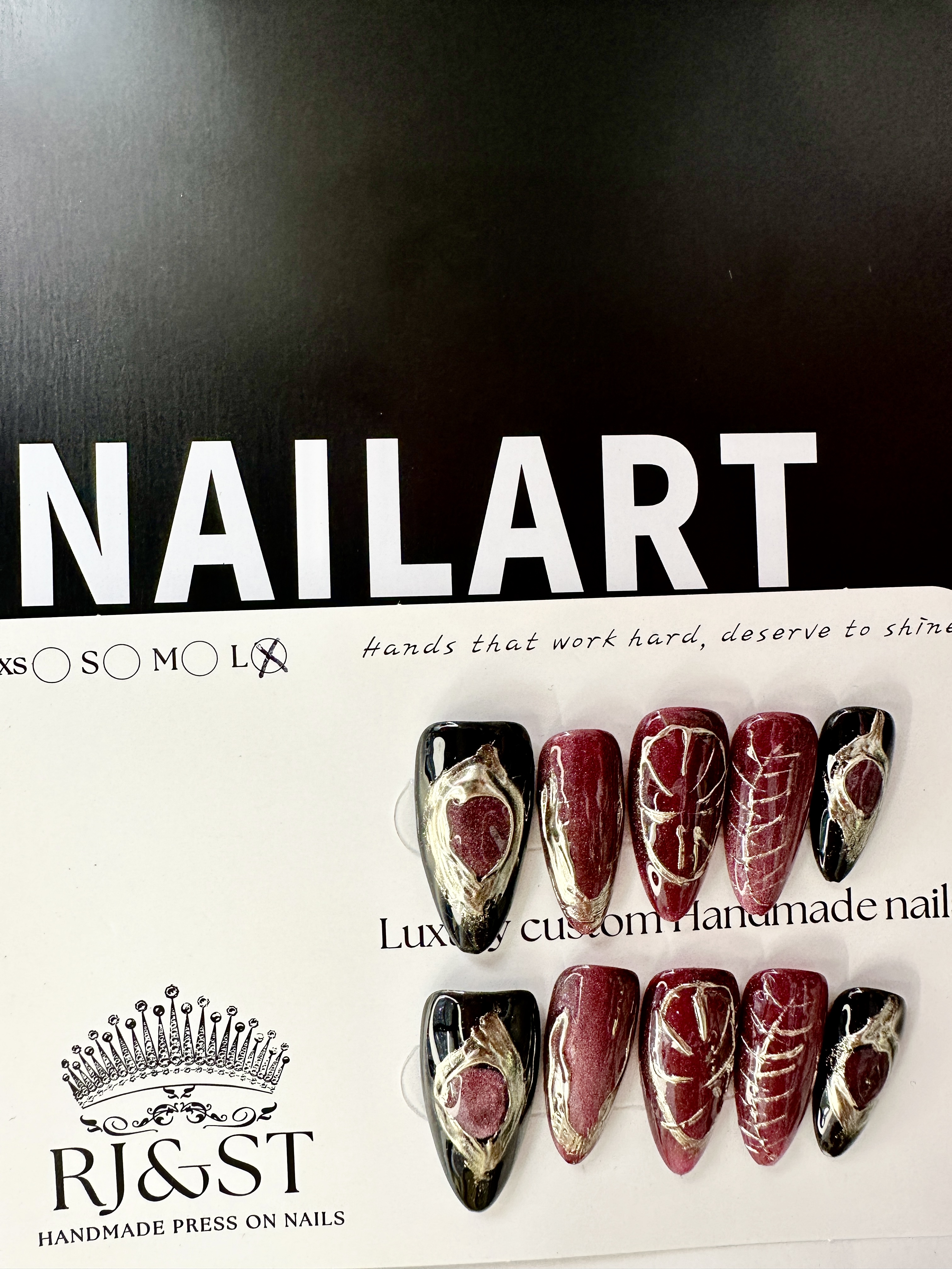 Royal Crimson · Burgundy Press On Nails with Golden Hand-Painted Luxury Design