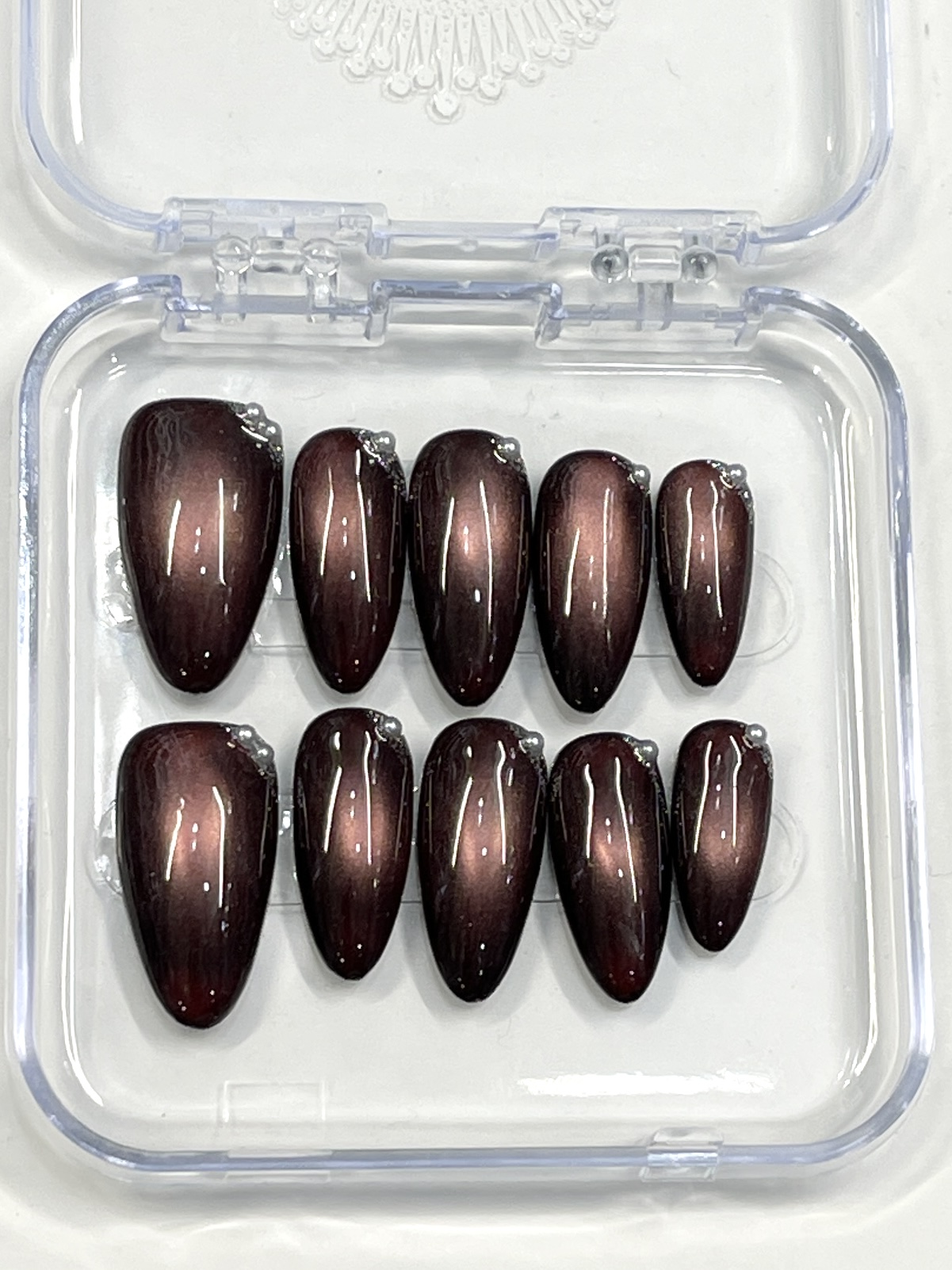Elegant Burgundy Chrome Press-On Nails with Rhinestone Accents
