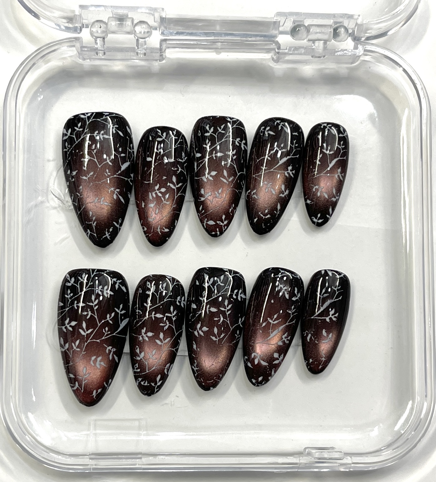 Wine Red Floral Press-On Nails with Silver Leaf Branch Design