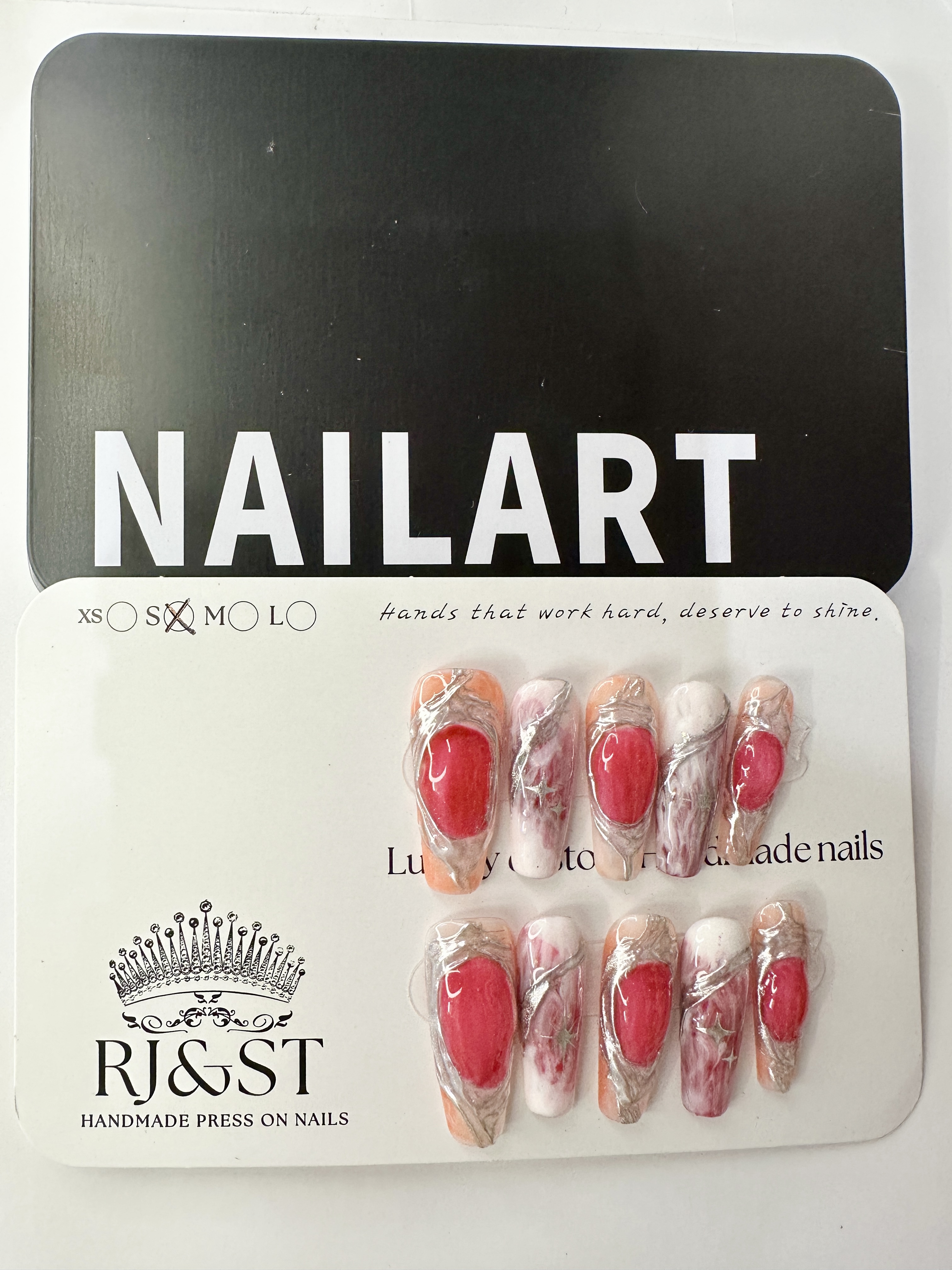 Peachy Stardust · Chinese Style Press On Nails with Red Accent & Silver Chrome Powder