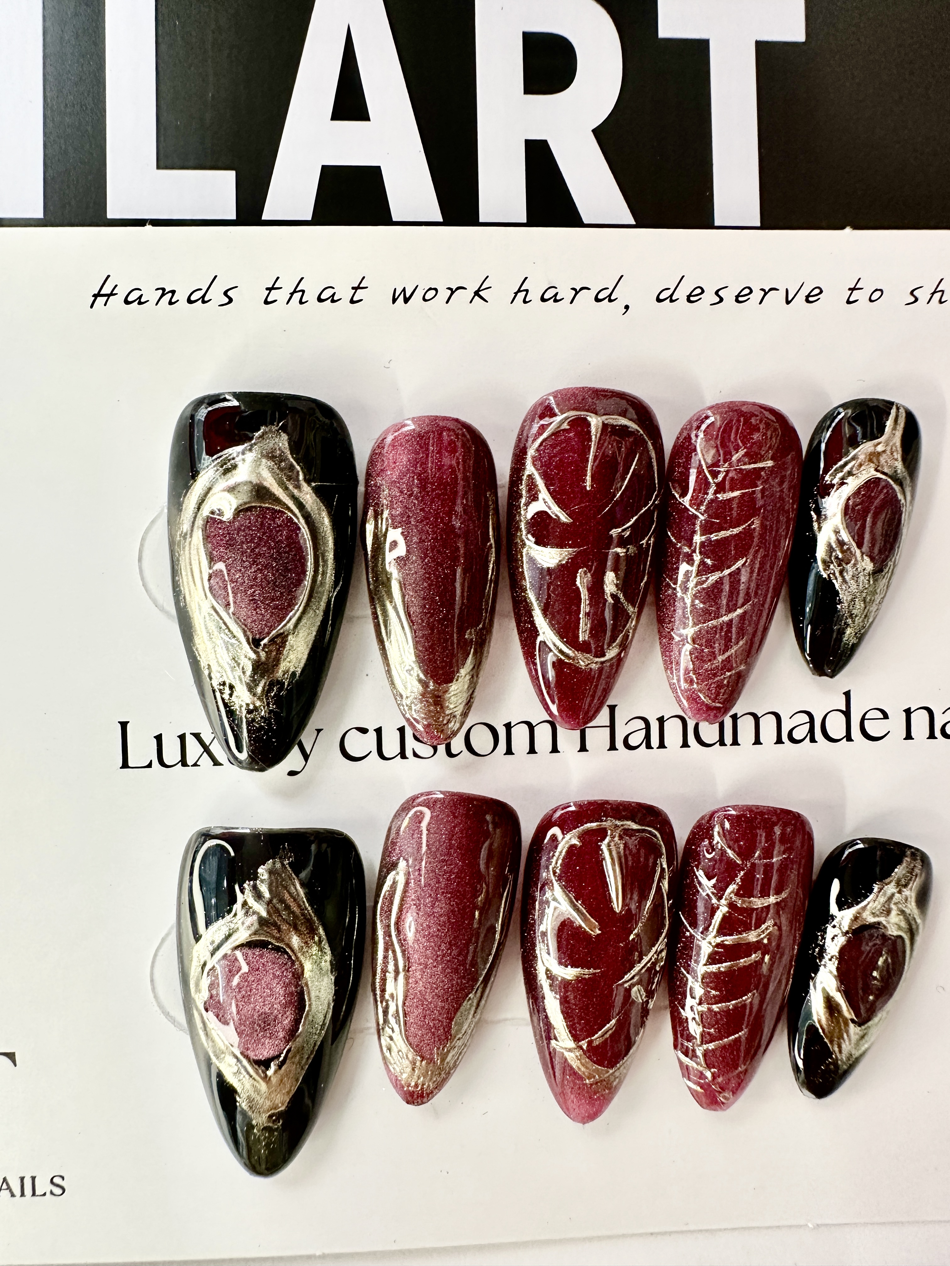 Royal Crimson · Burgundy Press On Nails with Golden Hand-Painted Luxury Design