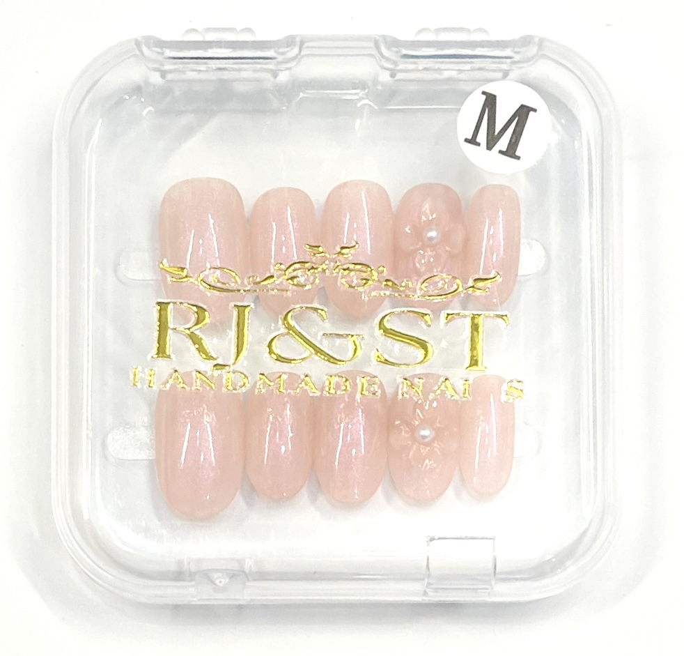 🌸 Soft Nude Pink Press-On Nails | Subtle Sparkle with Pearl Flower Accent