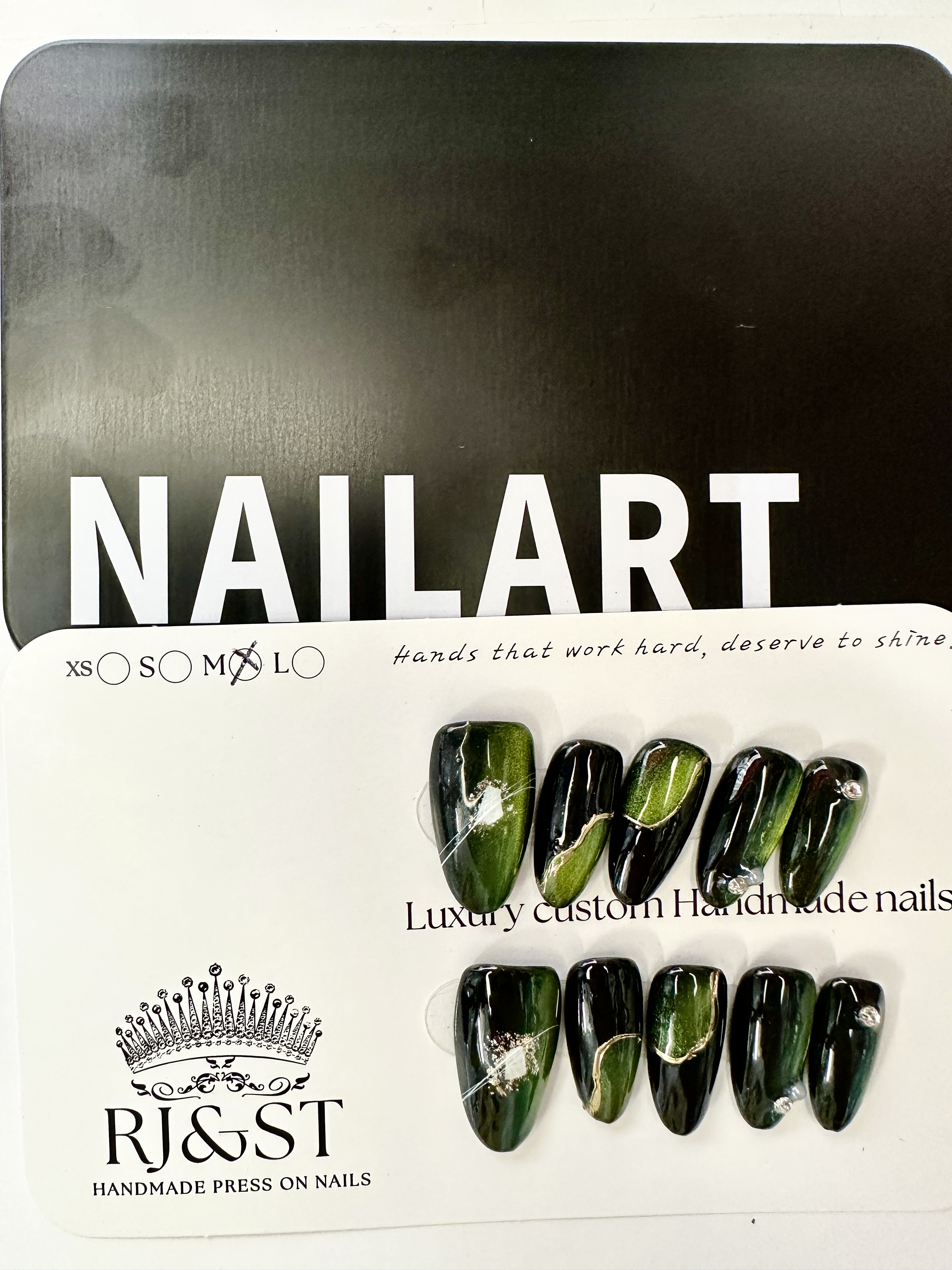Green & Black Fusion with Mother-of-Pearl Press-On Nails | Original Design Minimalist Handmade Nails