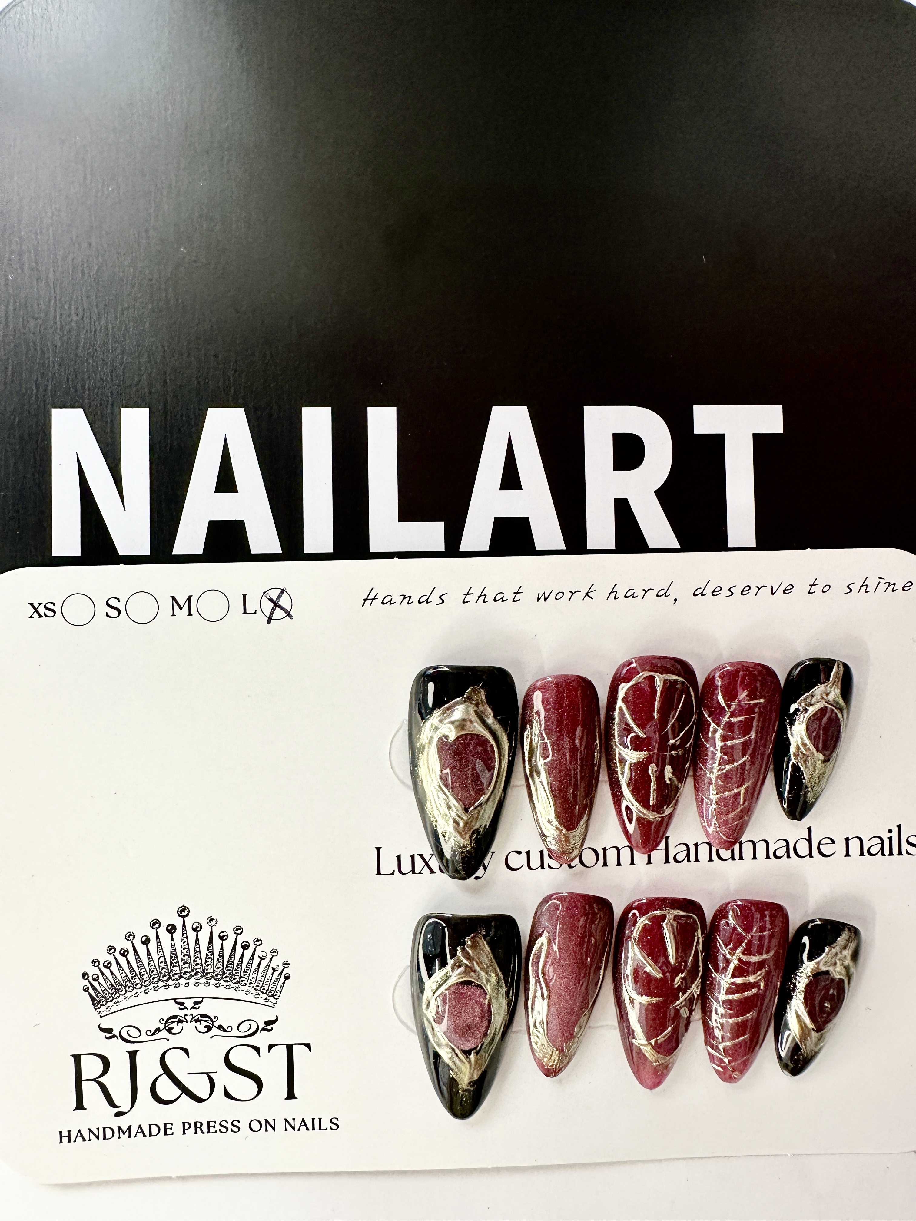 Royal Crimson · Burgundy Press On Nails with Golden Hand-Painted Luxury Design