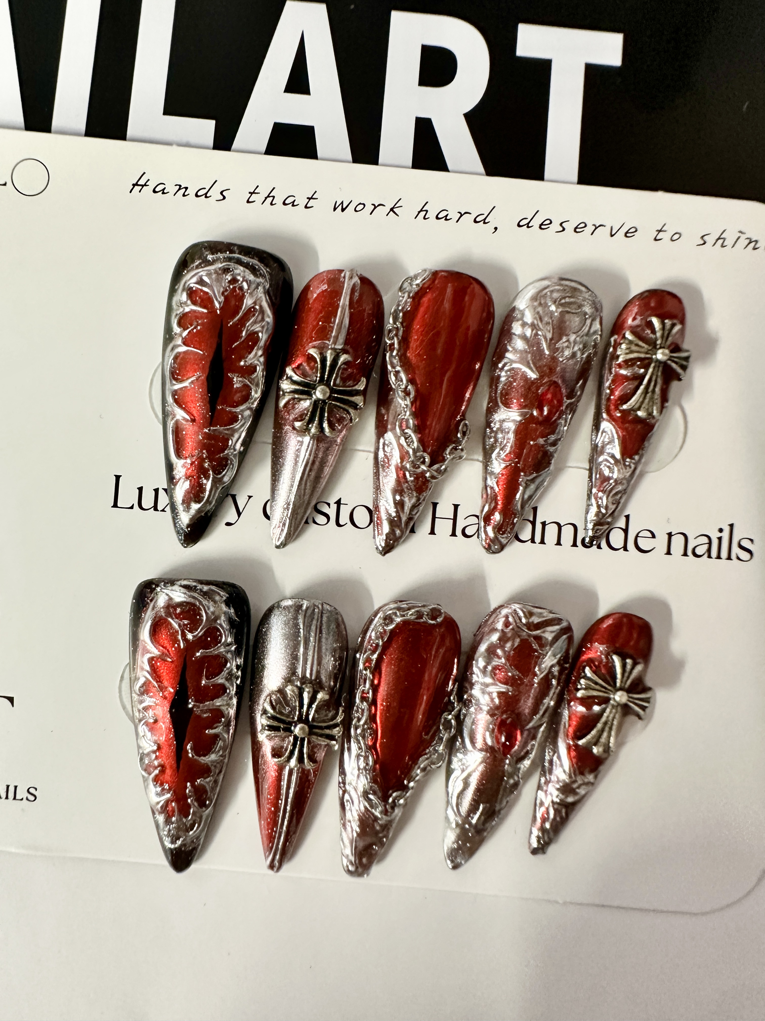 Crimson Knight · Long Gothic Armor Press On Nails | Handmade Nails