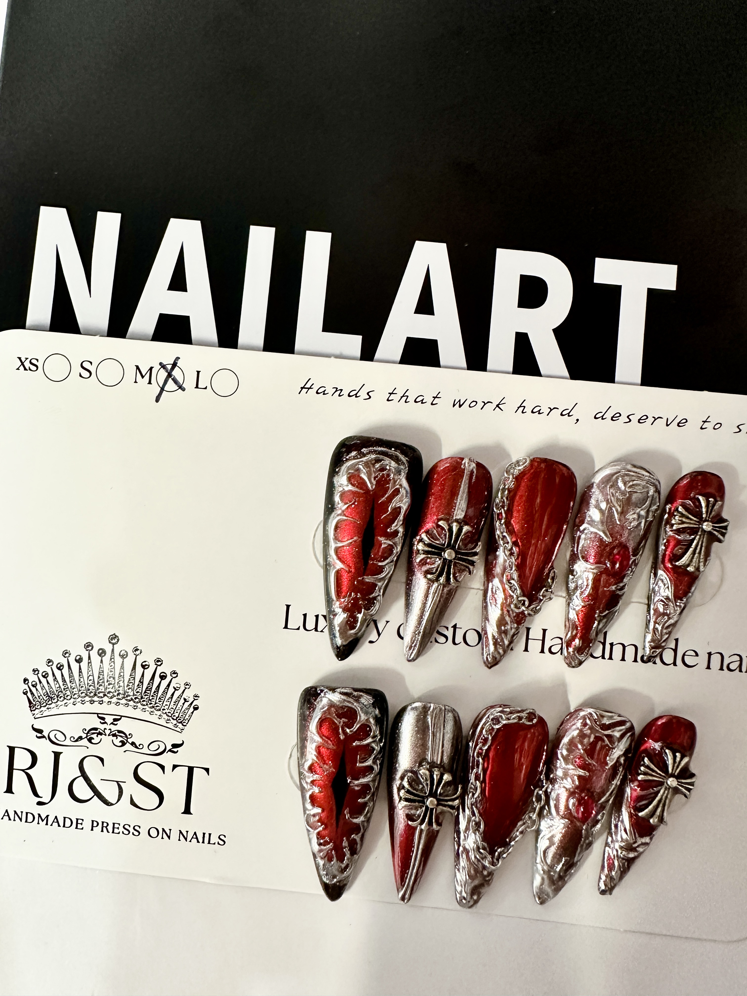 Crimson Knight · Long Gothic Armor Press On Nails | Handmade Nails