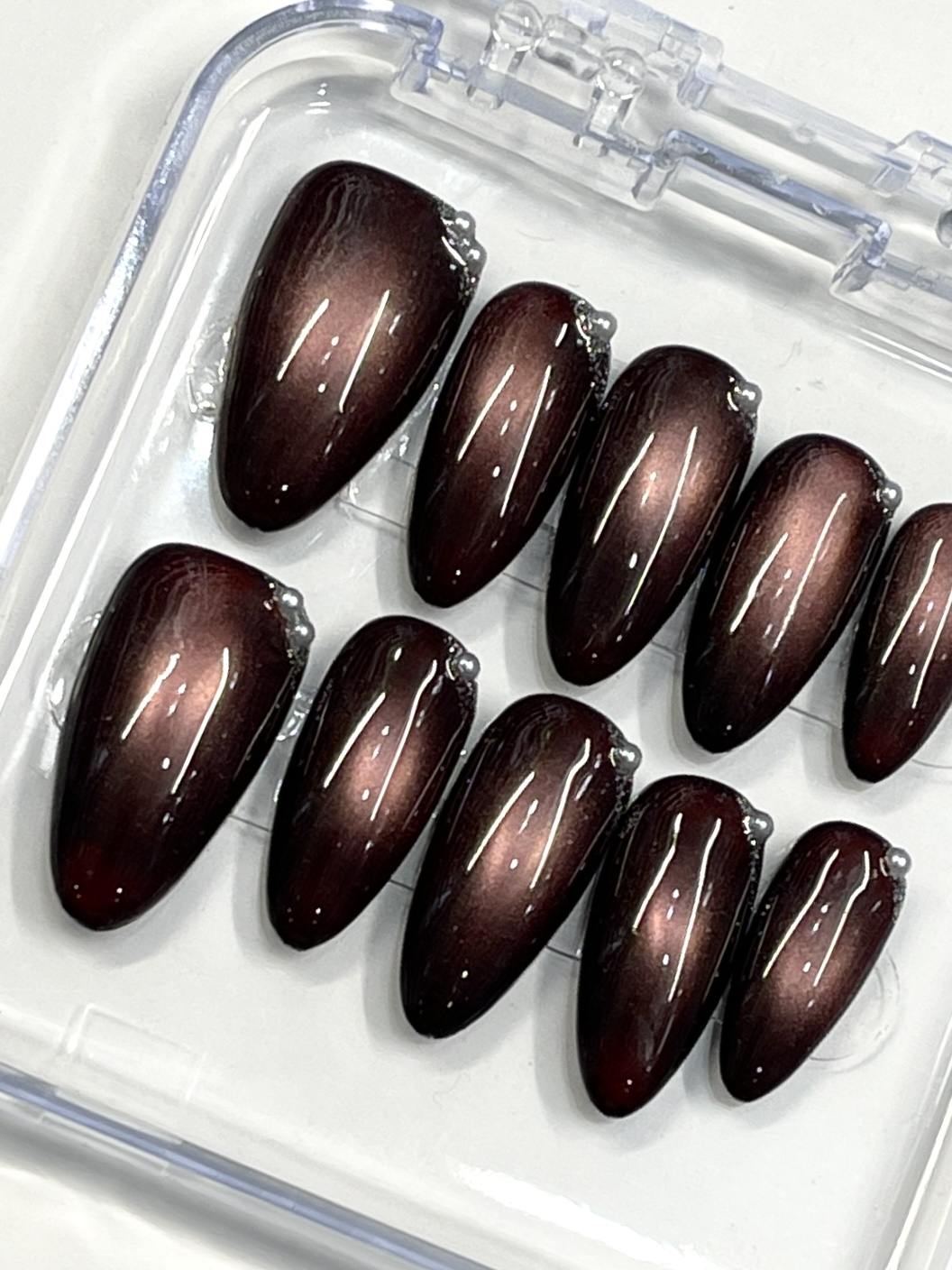 Elegant Burgundy Chrome Press-On Nails with Rhinestone Accents