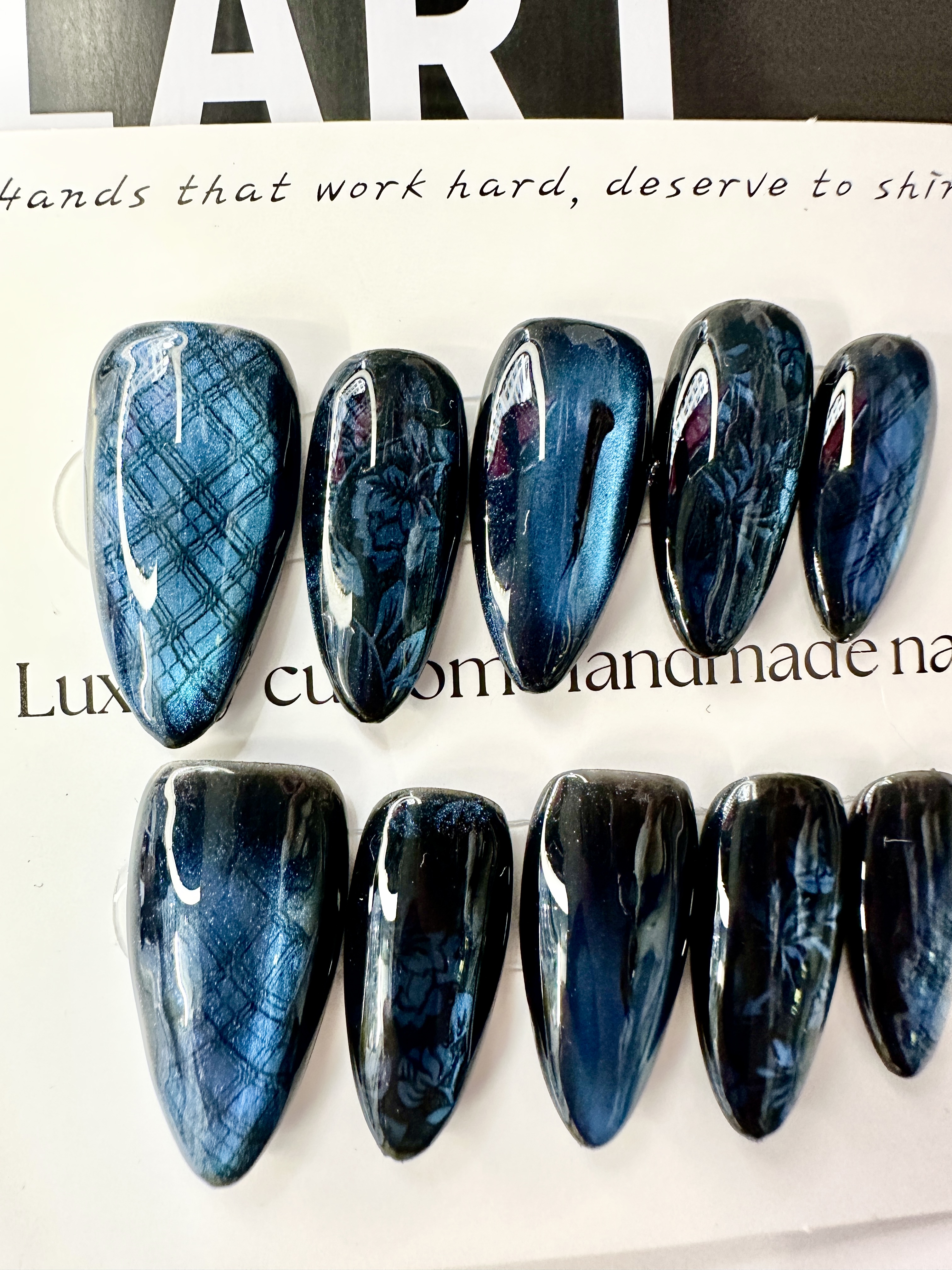 Midnight Rose · Blue Cat Eye Press On Nails with Hand-Painted Roses and Plaid Design