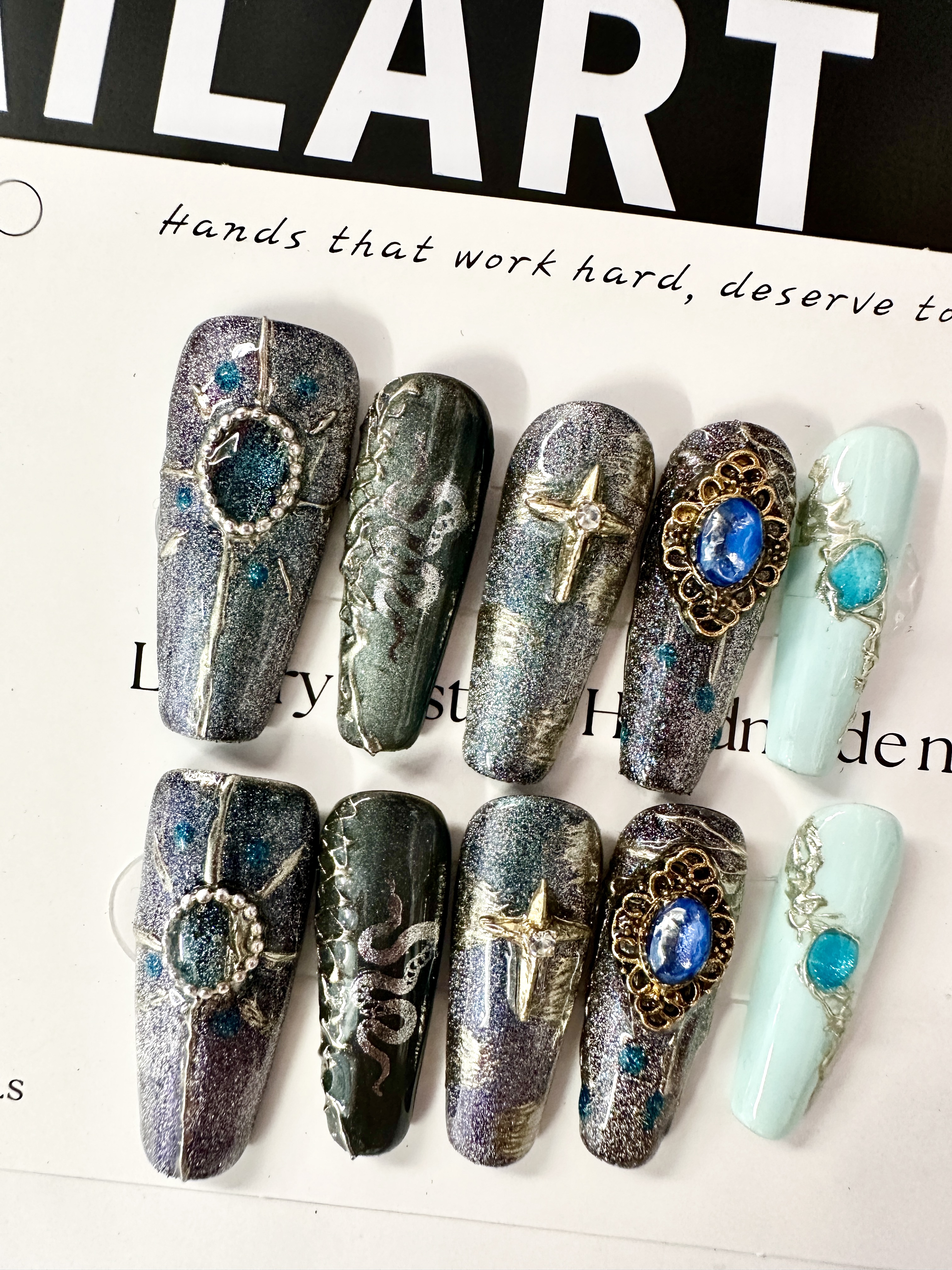 Celestial Secrets · Long Luxury Gem-Inspired Press On Nails | Handmade Nails