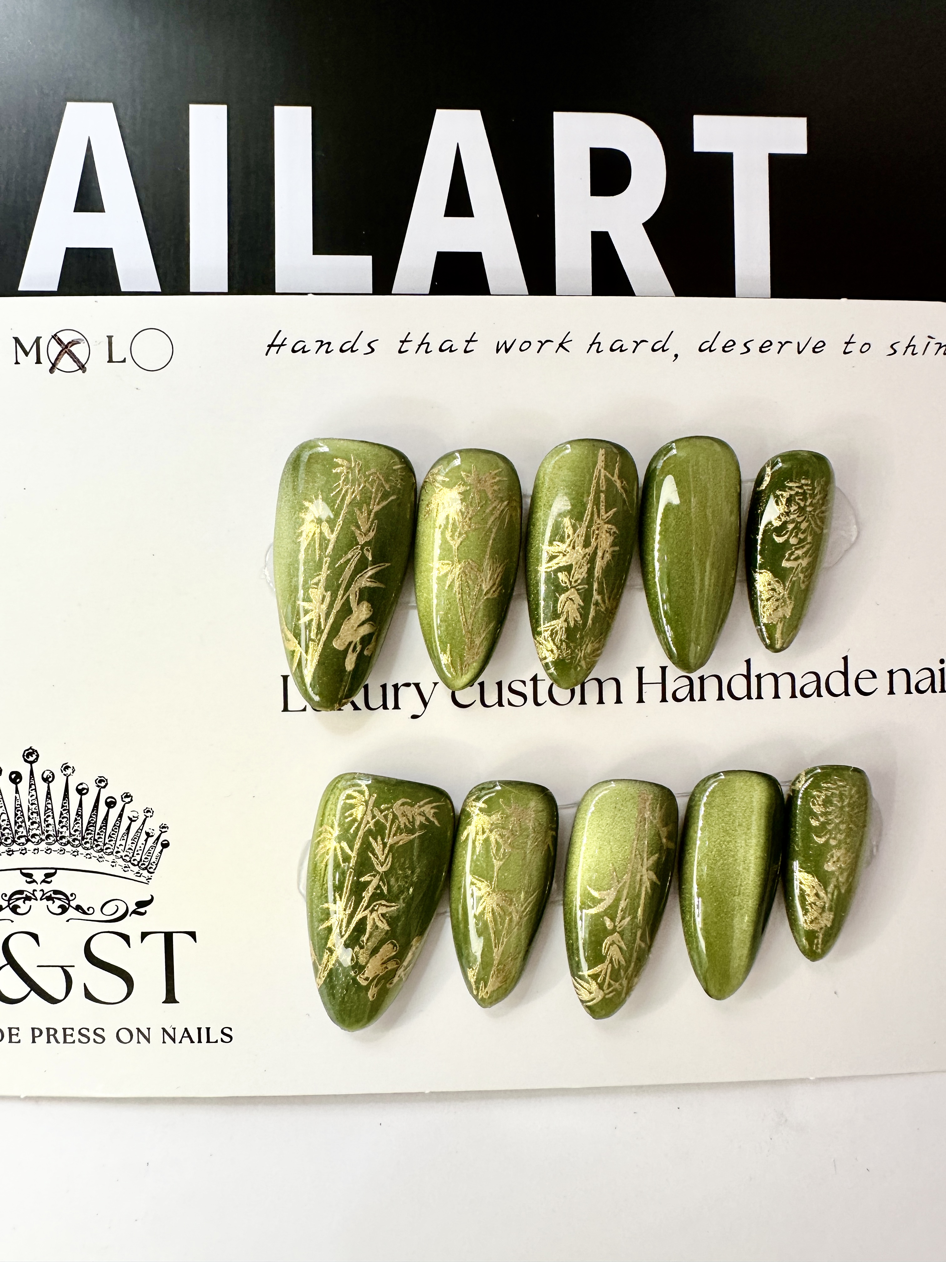 Emerald Bamboo · Teal Cat Eye Press On Nails with Hand-Painted Golden Bamboo