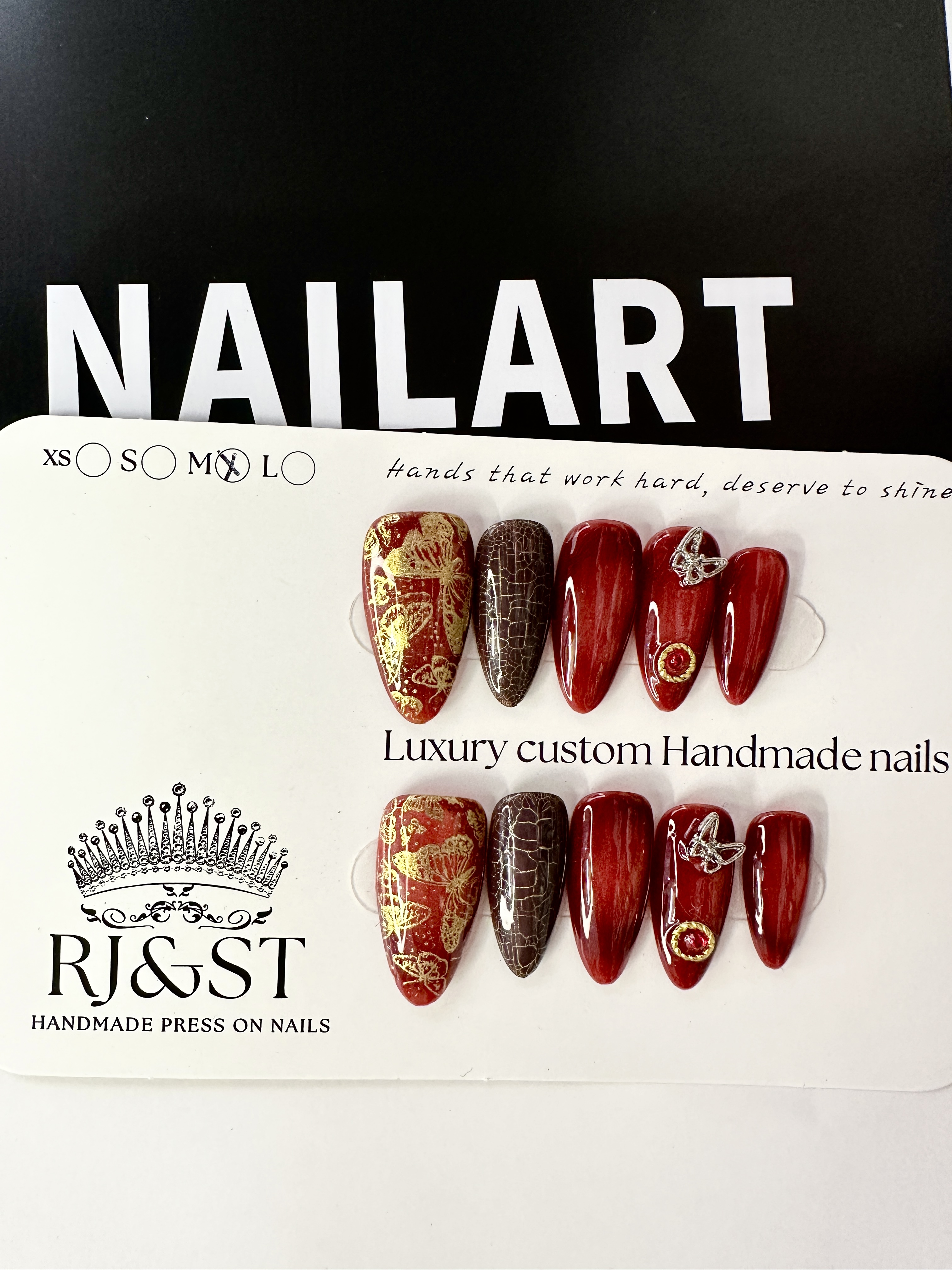 Crimson Butterfly · Deep Red Press On Nails with Golden Butterfly Print & Brown Crackle Accent