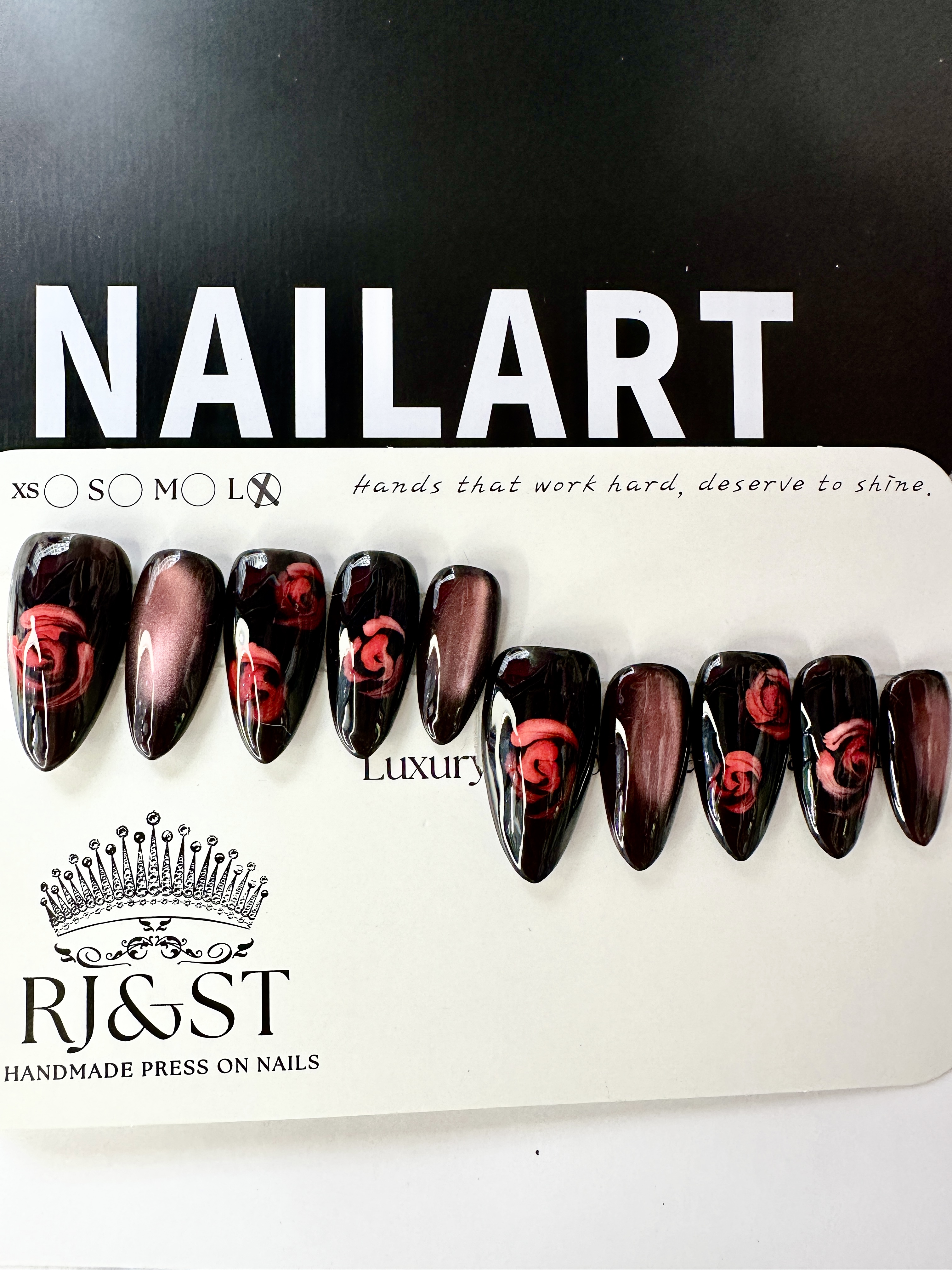 "Midnight Rose" — Black Base Red Cat-Eye & Hand-Painted Rose Press-On Nails