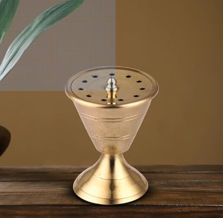 Brass Damru Incense Stick Holder, 7.5 cm Round Stand, Gold, Traditional Temple Pooja Accessory