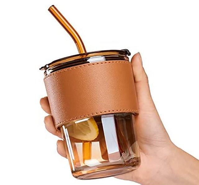 Glass Tumbler with Bamboo Lid, 435ml, Can-Shaped Design, Silicone Straw, PU Leather Sleeve