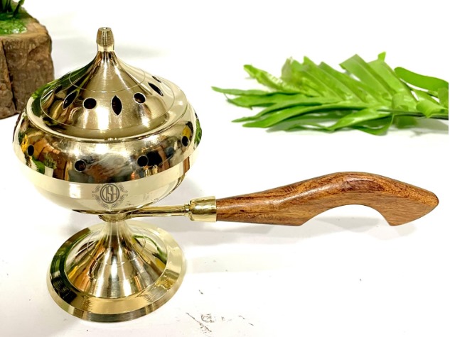 Brass Incense Burner with Wooden Handle