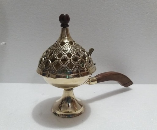 Heavy Brass Loban Burner, 20 cm, Dhoop Dani with Wooden Handle for Pooja, Temple Use