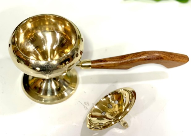 Brass Incense Burner with Wooden Handle