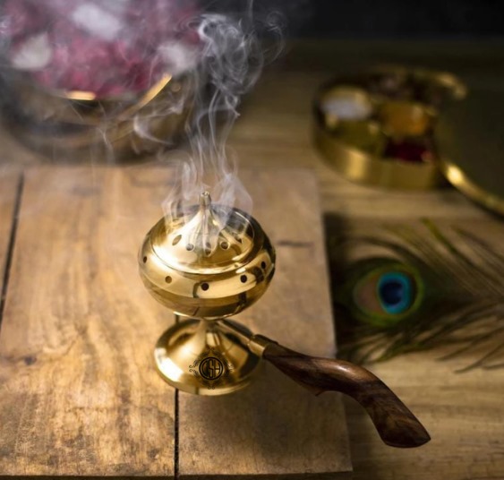 Brass Incense Burner with Wooden Handle