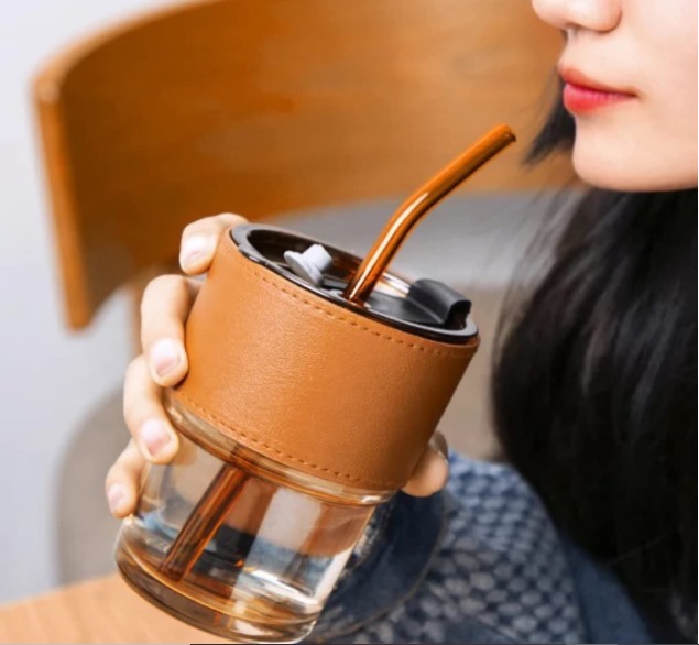 Glass Tumbler with Bamboo Lid, 435ml, Can-Shaped Design, Silicone Straw, PU Leather Sleeve