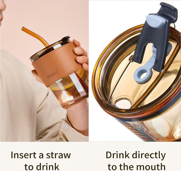 Glass Tumbler with Bamboo Lid, 435ml, Can-Shaped Design, Silicone Straw, PU Leather Sleeve