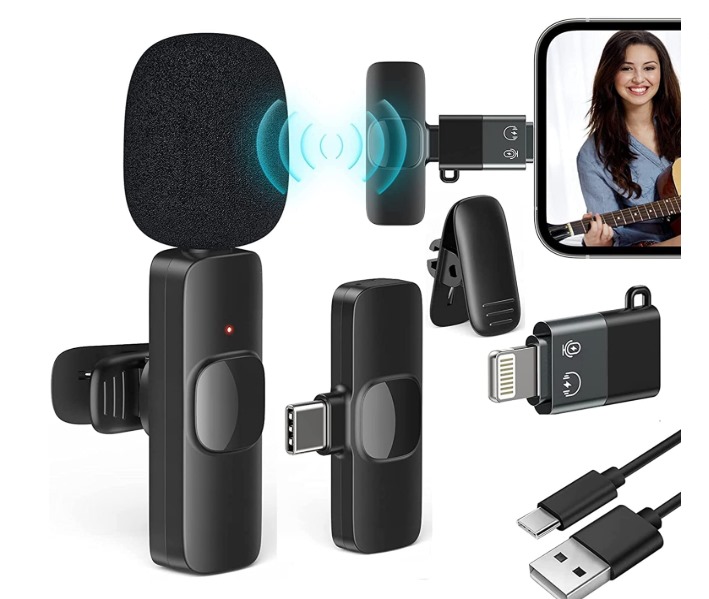2.4GHz Wireless Microphone, Digital Mini Clip-on Mic with Receiver, Type-C Lightning Compatible, Noise Reduction