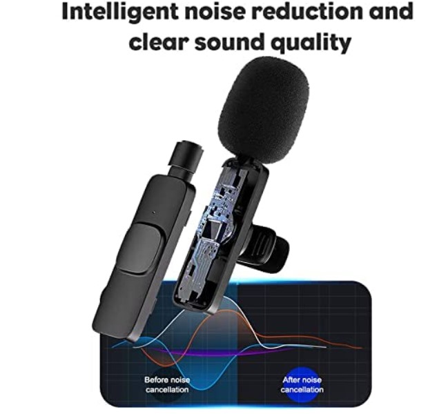 2.4GHz Wireless Microphone, Digital Mini Clip-on Mic with Receiver, Type-C Lightning Compatible, Noise Reduction