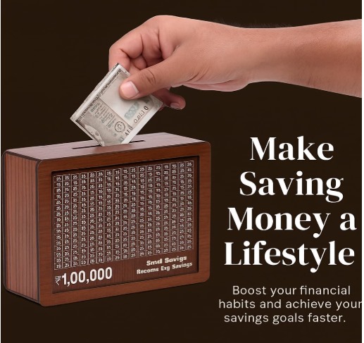 Premium Wooden Savings Challenge Money Box with 1 Lakh Chart | Piggy Bank for Kids & Adults | Money Saving Box for Home, Office & Gifting