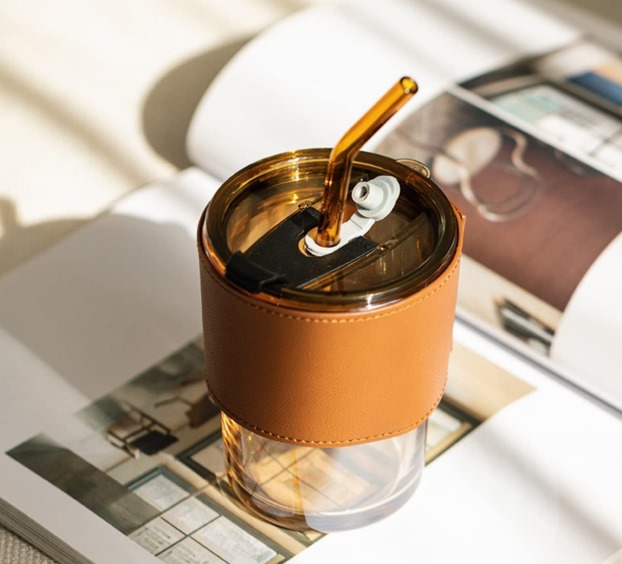 Glass Tumbler with Bamboo Lid, 435ml, Can-Shaped Design, Silicone Straw, PU Leather Sleeve